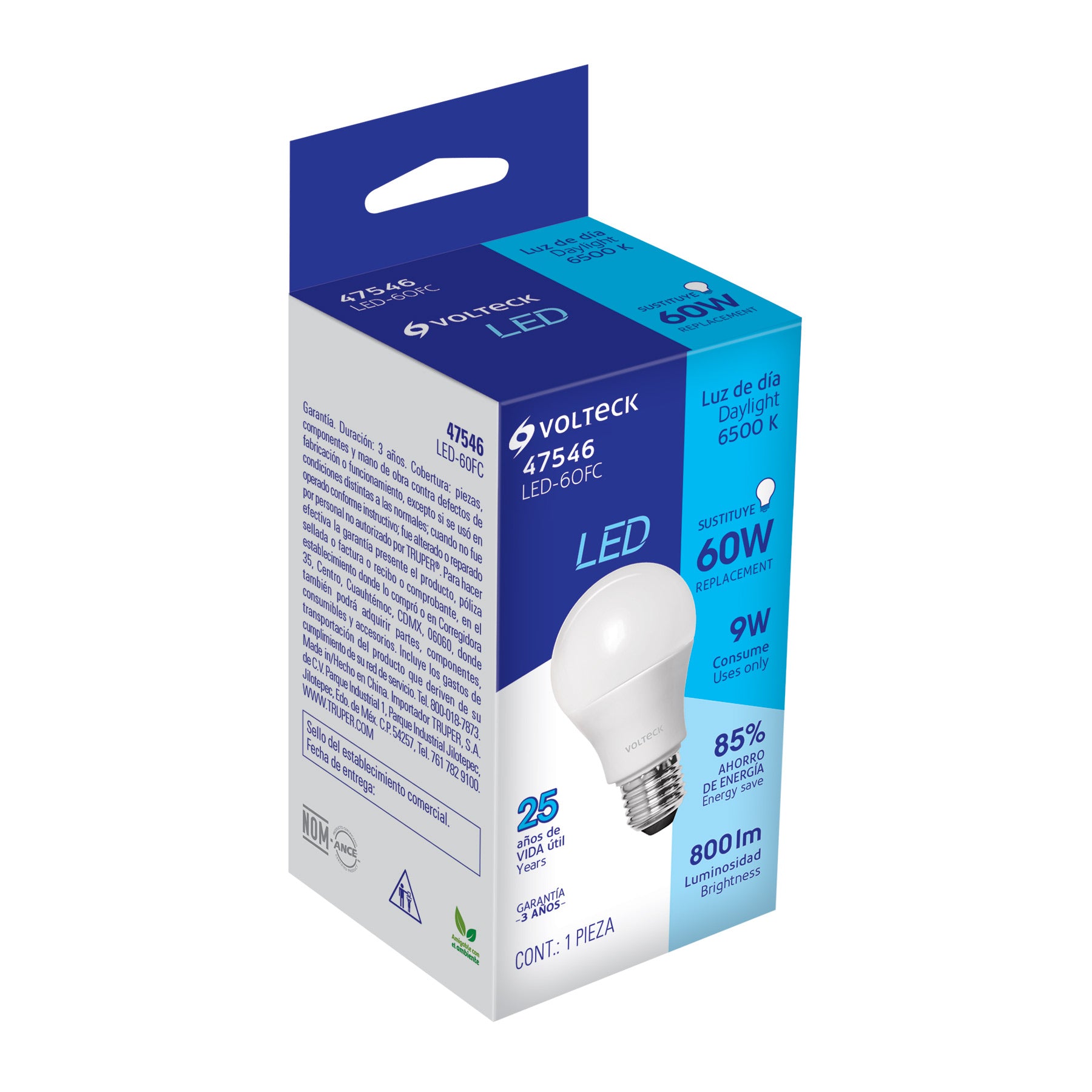 Foco LED 9W (60W) A19, 6500K blanca fría, 800 lm, caja
