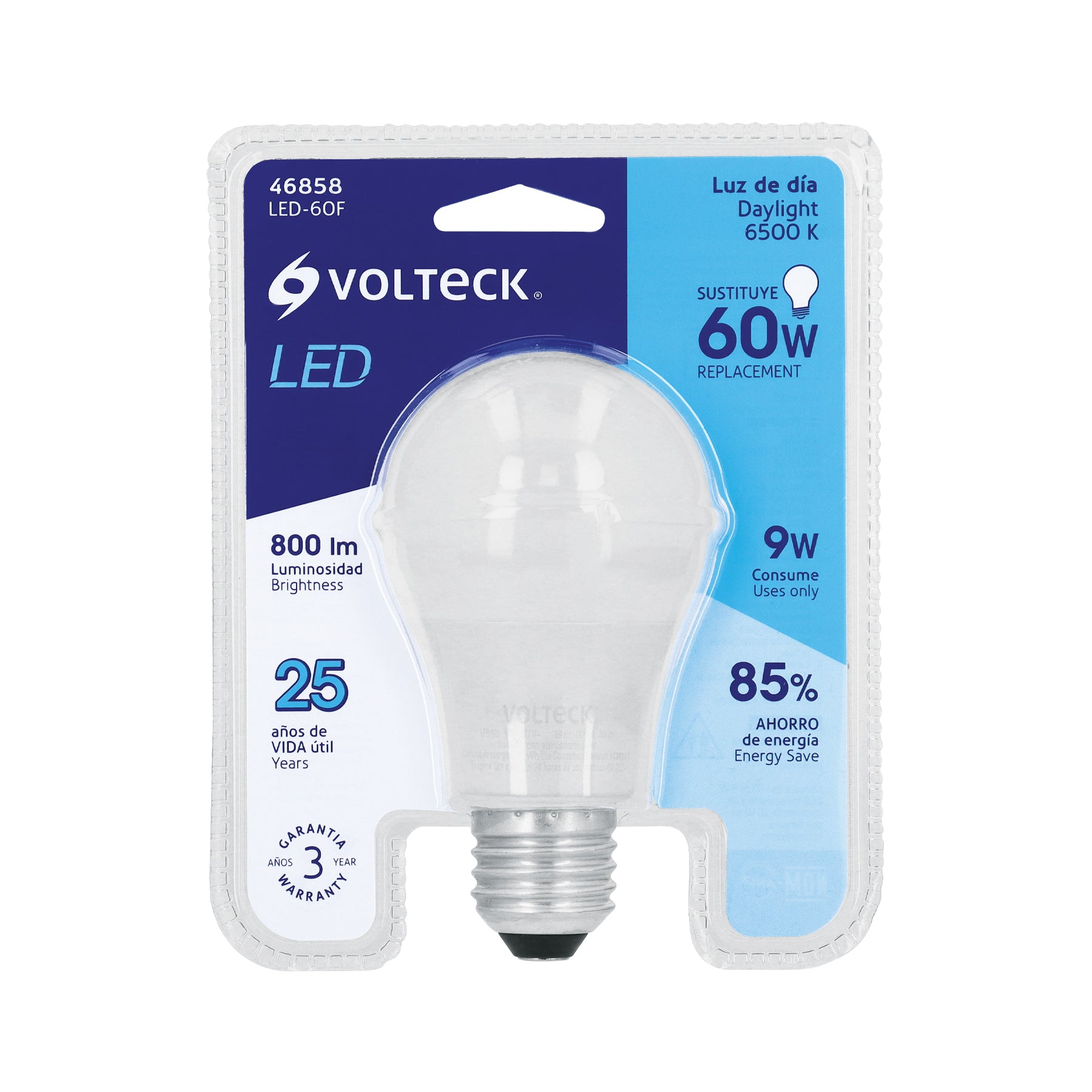 Foco LED 9W (60W) A19, 6500K blanca fría, 800 lm, blíster