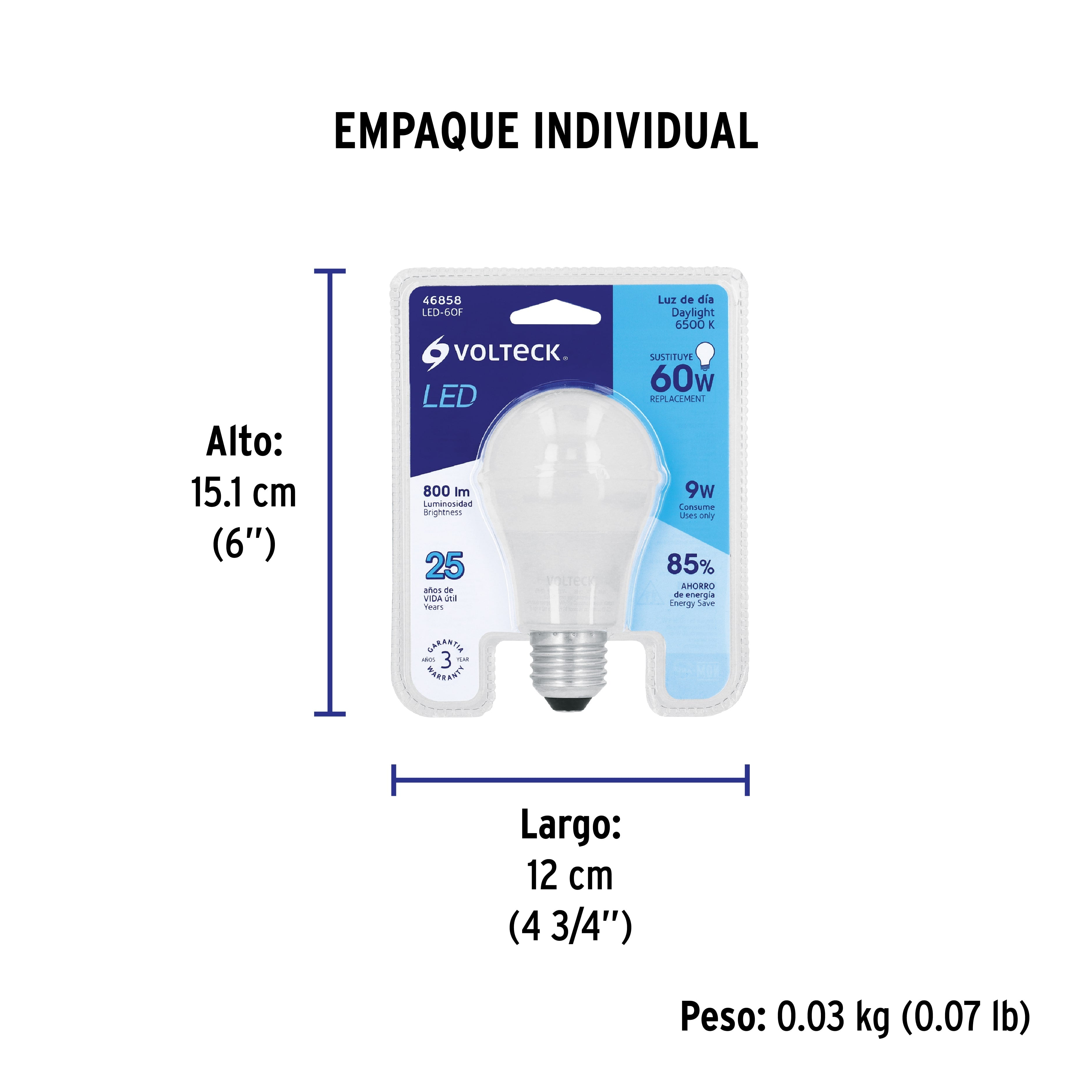 Foco LED 9W (60W) A19, 6500K blanca fría, 800 lm, blíster - Empaque