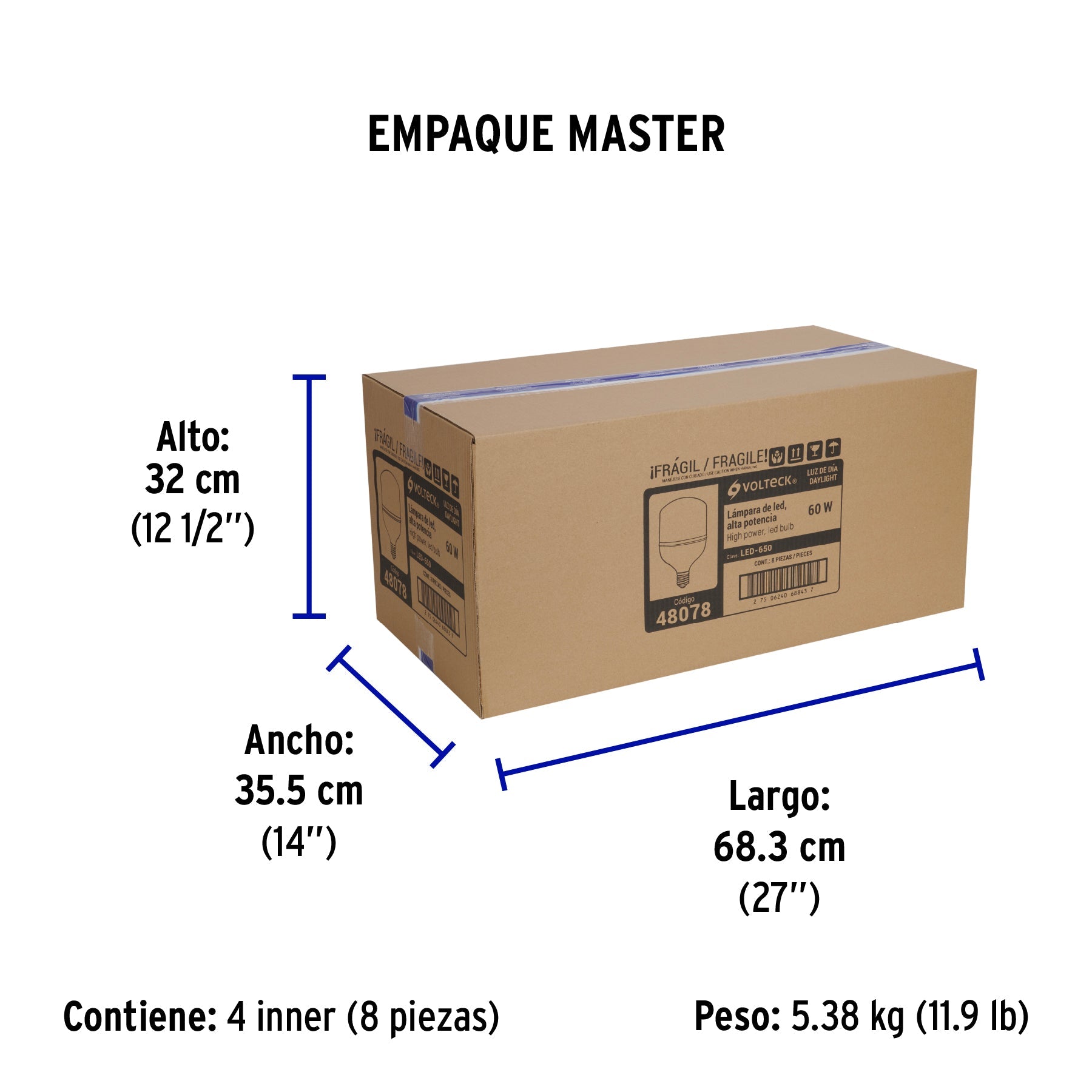 Foco LED alta potencia 60W (650W) 6500K blanca fría, E39 - Empaque
