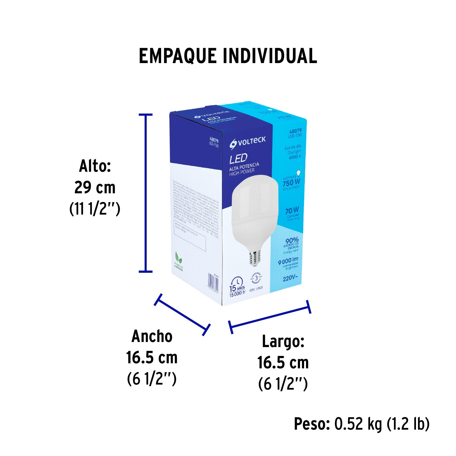 Foco LED alta potencia 70W (750W) 6500K blanca fría, E39 - Empaque