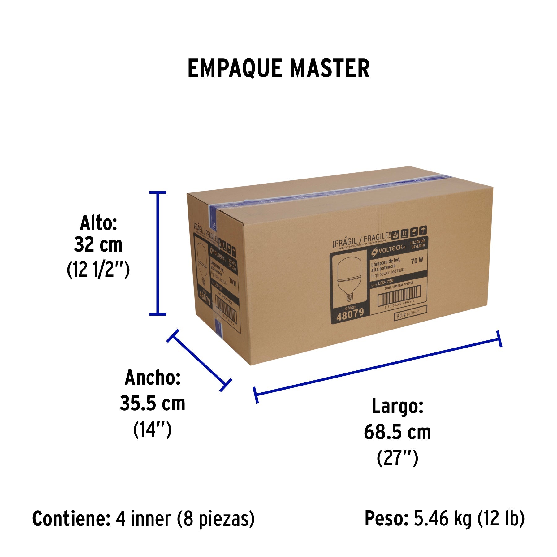 Foco LED alta potencia 70W (750W) 6500K blanca fría, E39 - Empaque
