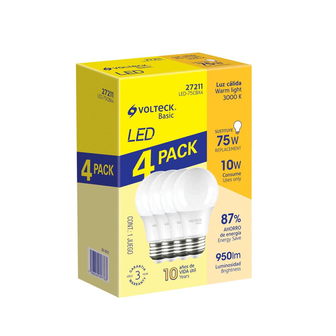 Pack 4 focos LED 10W (75W) A19, 3000K cálida, 950 lm, BASIC