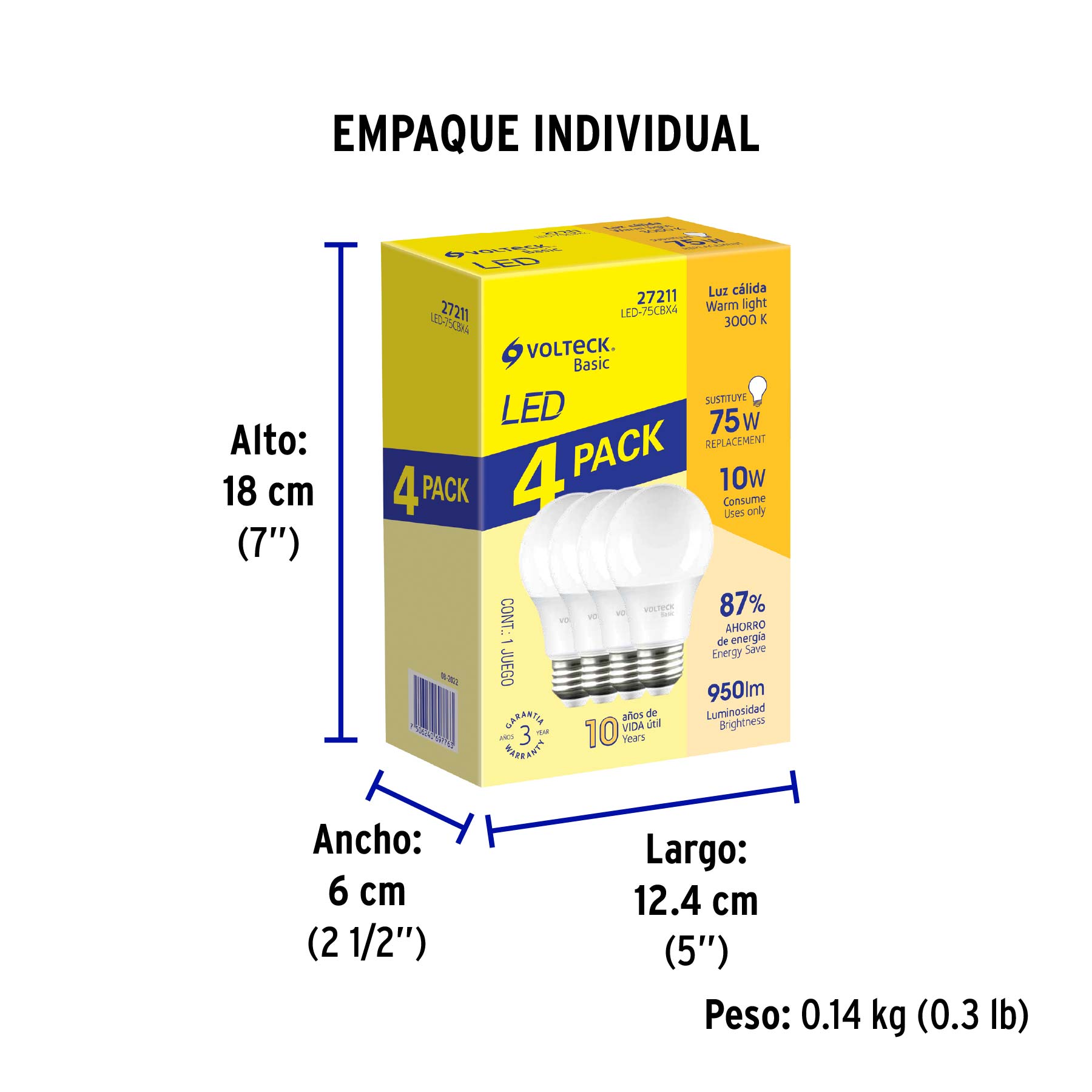 Pack 4 focos LED 10W (75W) A19, 3000K cálida, 950 lm, BASIC - Empaque