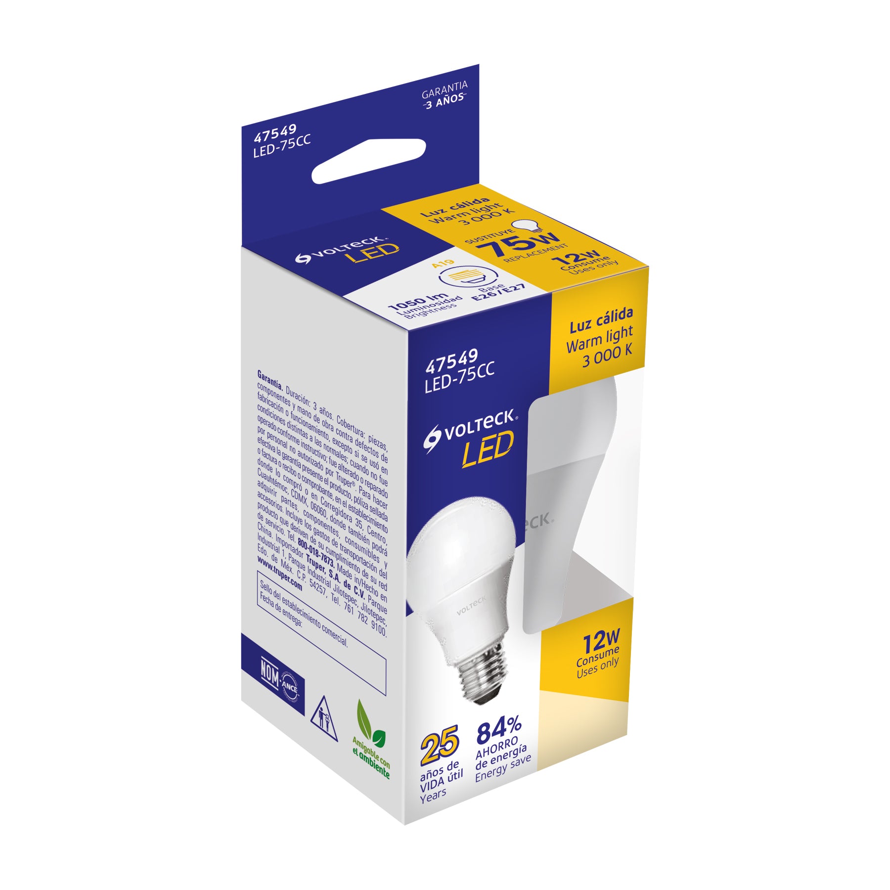 Foco LED 12W (75W) A19, 3000K blanca cálida, 1050 lm, caja