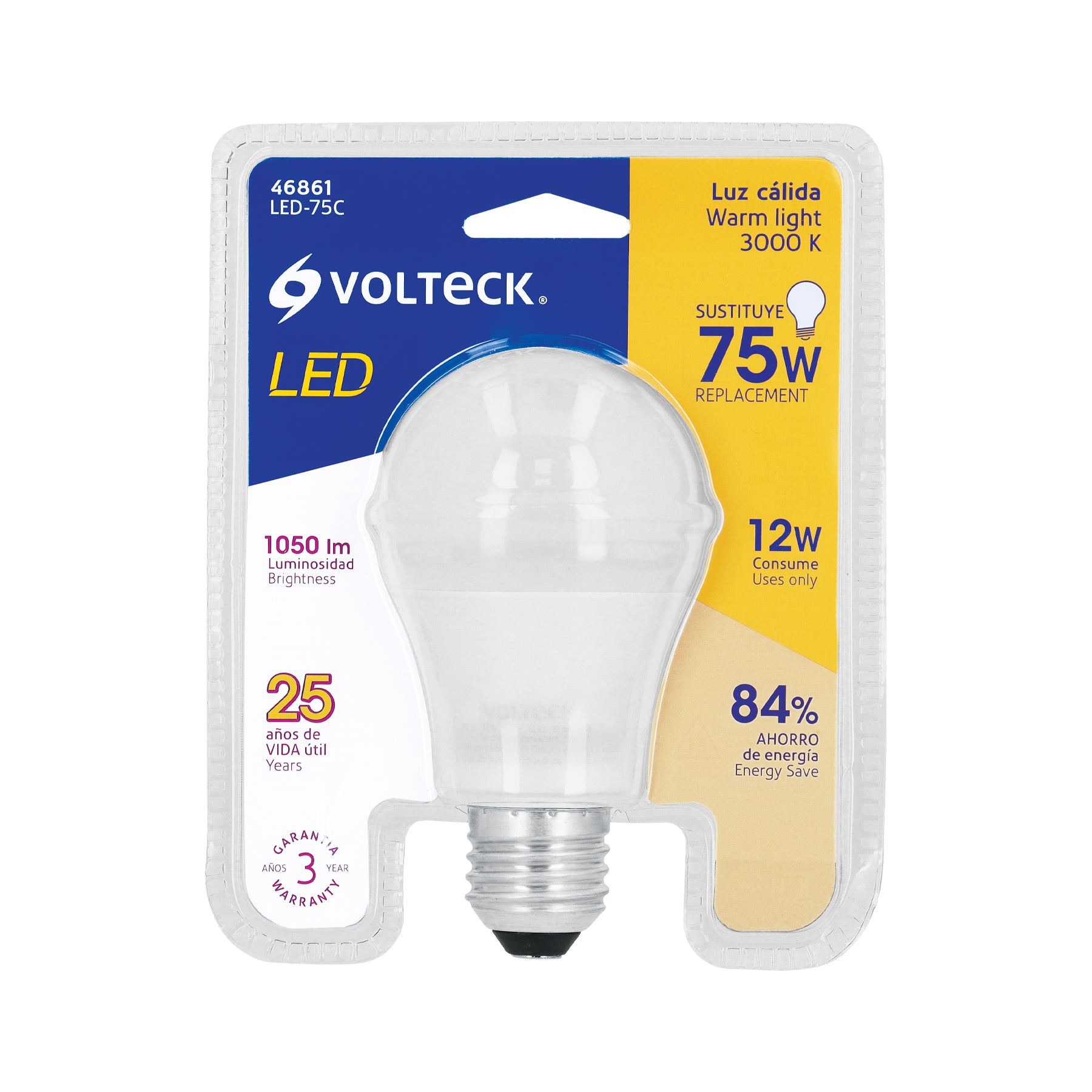 Foco LED 12W (75W) A19, 3000K blanca cálida, 1050lm, blíster