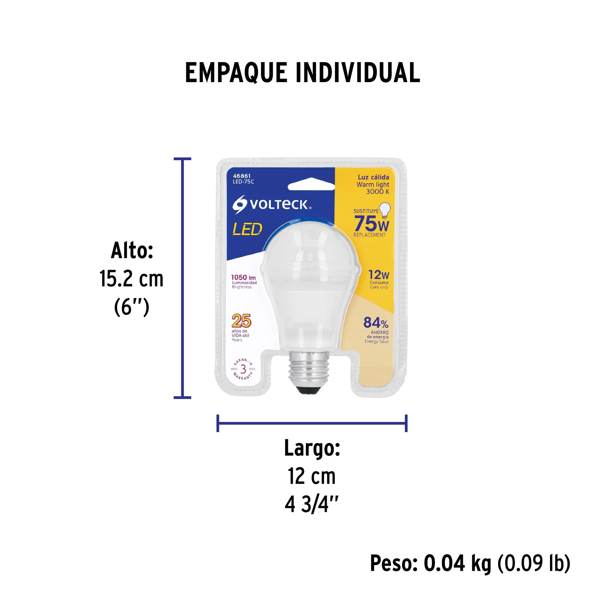 Foco LED 12W (75W) A19, 3000K blanca cálida, 1050lm, blíster - Empaque