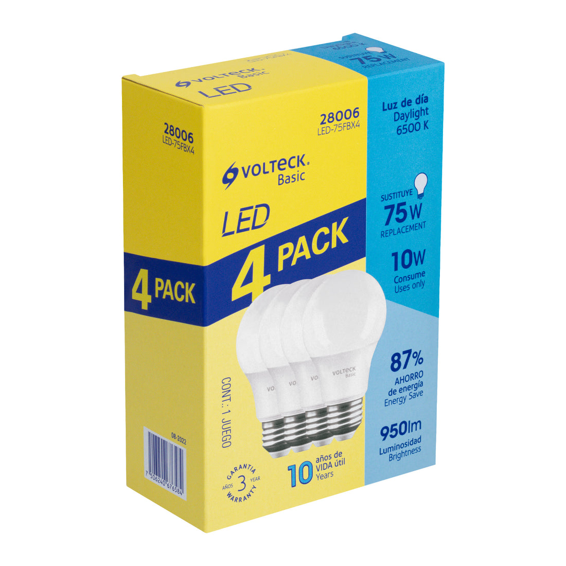Pack 4 focos LED 10W (75W) A19, 6500K fría, 950 lm, BASIC
