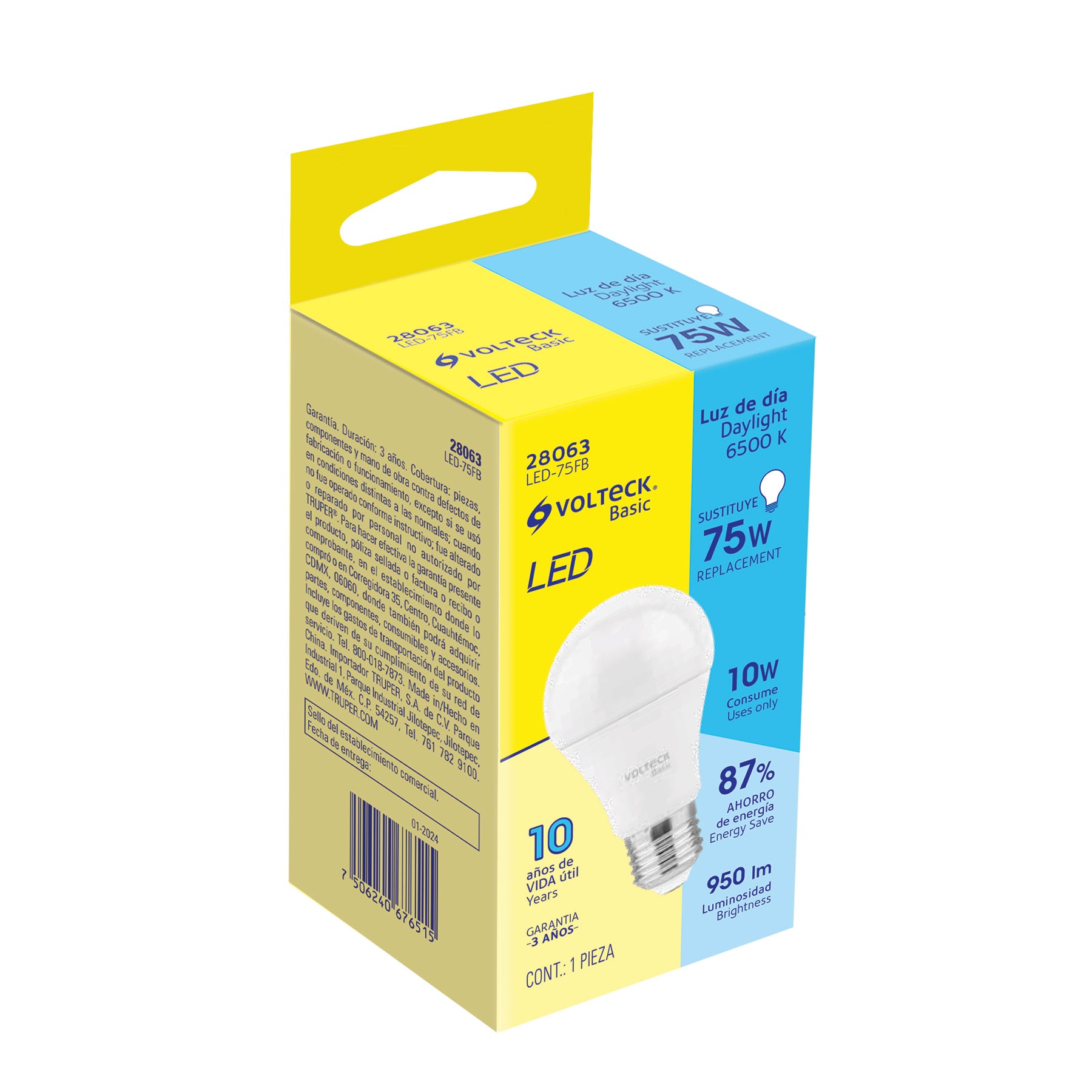 Foco LED 10W (75W) A19, 6500K blanca fría, 950 lm, BASIC