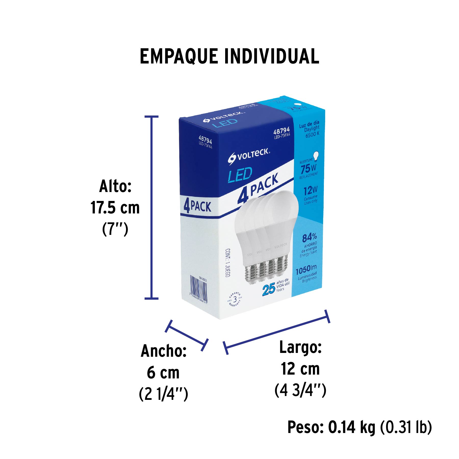 Pack 4 focos LED 12W (75W) A19, 6500K blanca fría, 1050 lm - Empaque