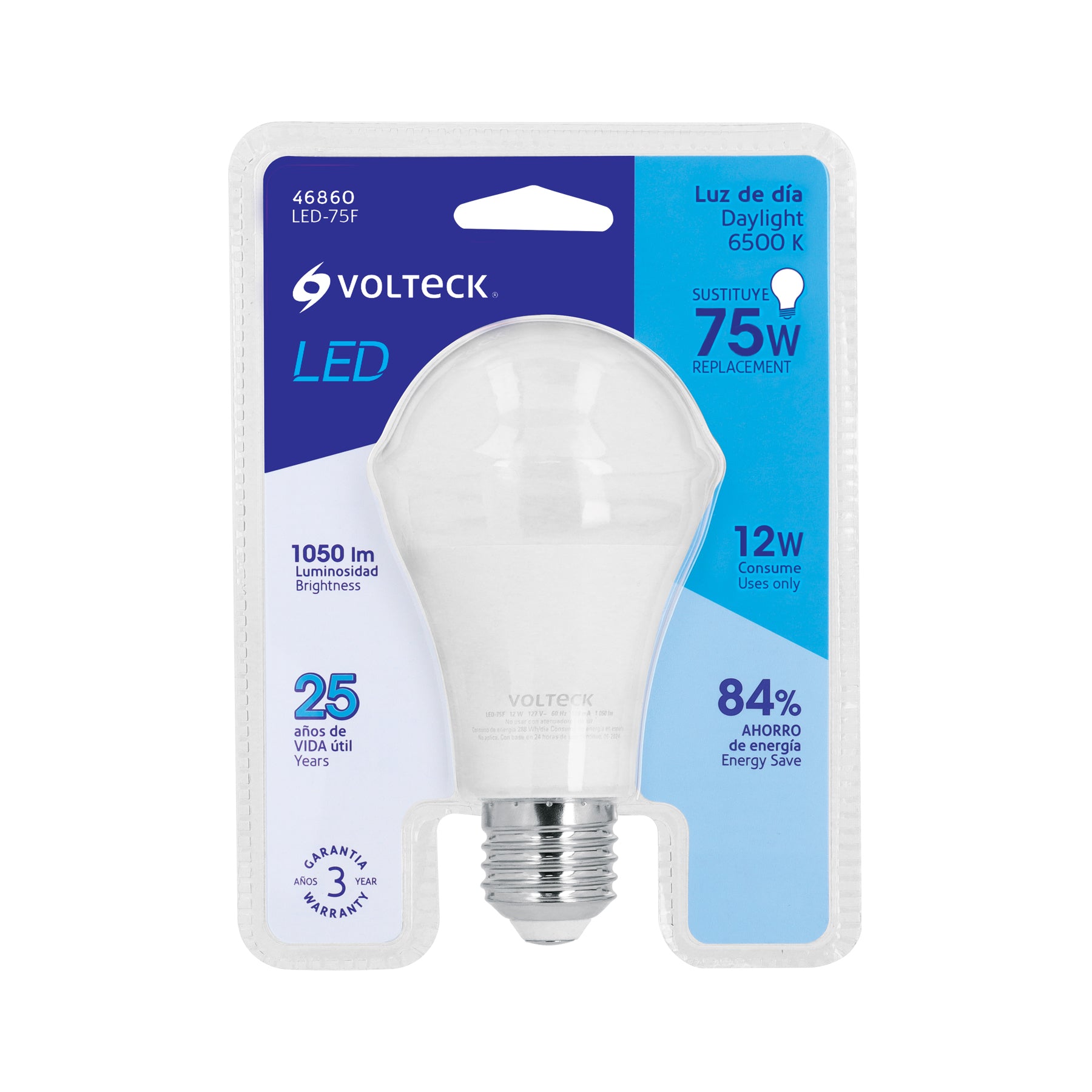Foco LED 12W (75W) A19, 6500K blanca fría, 1050 lm, blíster