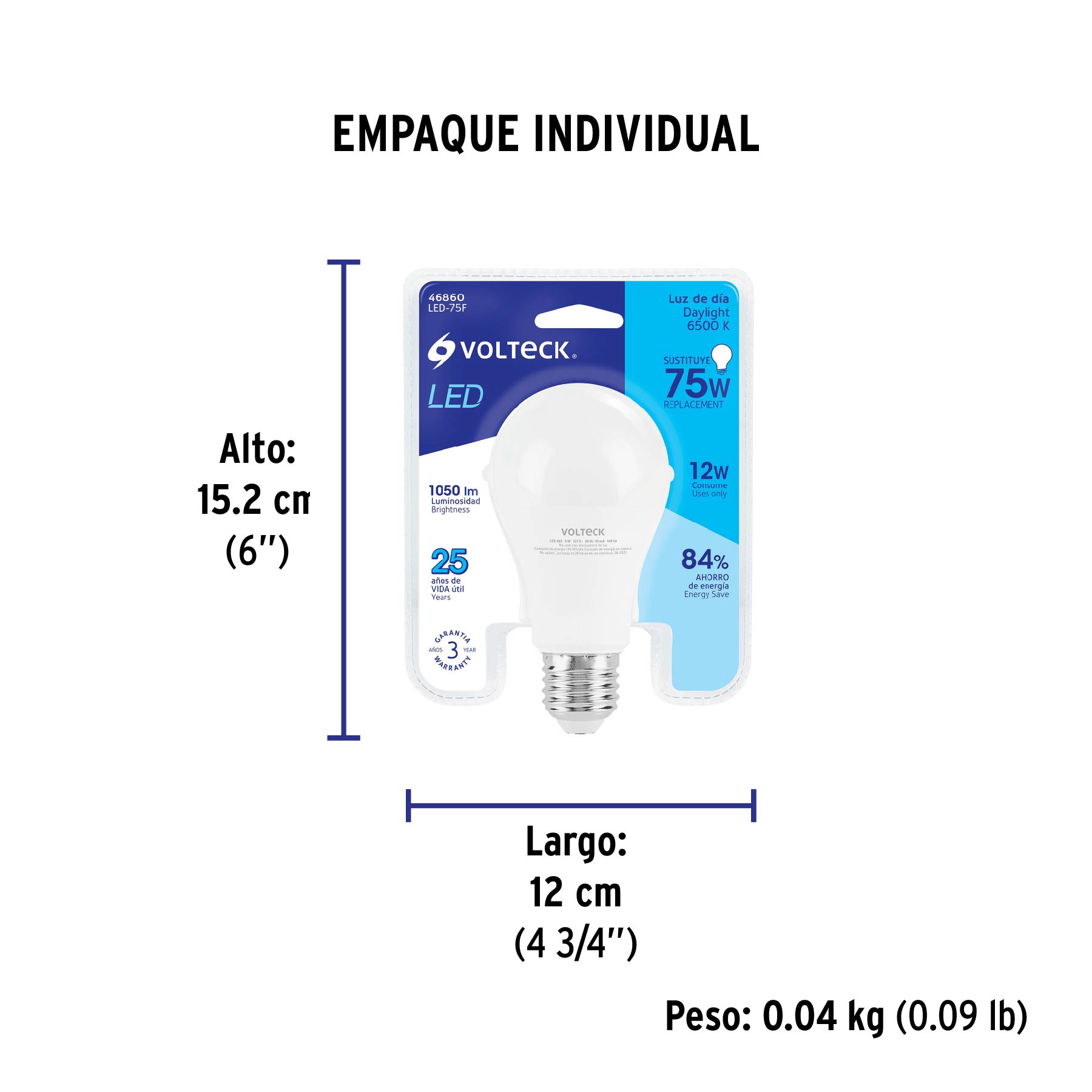 Foco LED 12W (75W) A19, 6500K blanca fría, 1050 lm, blíster - Empaque