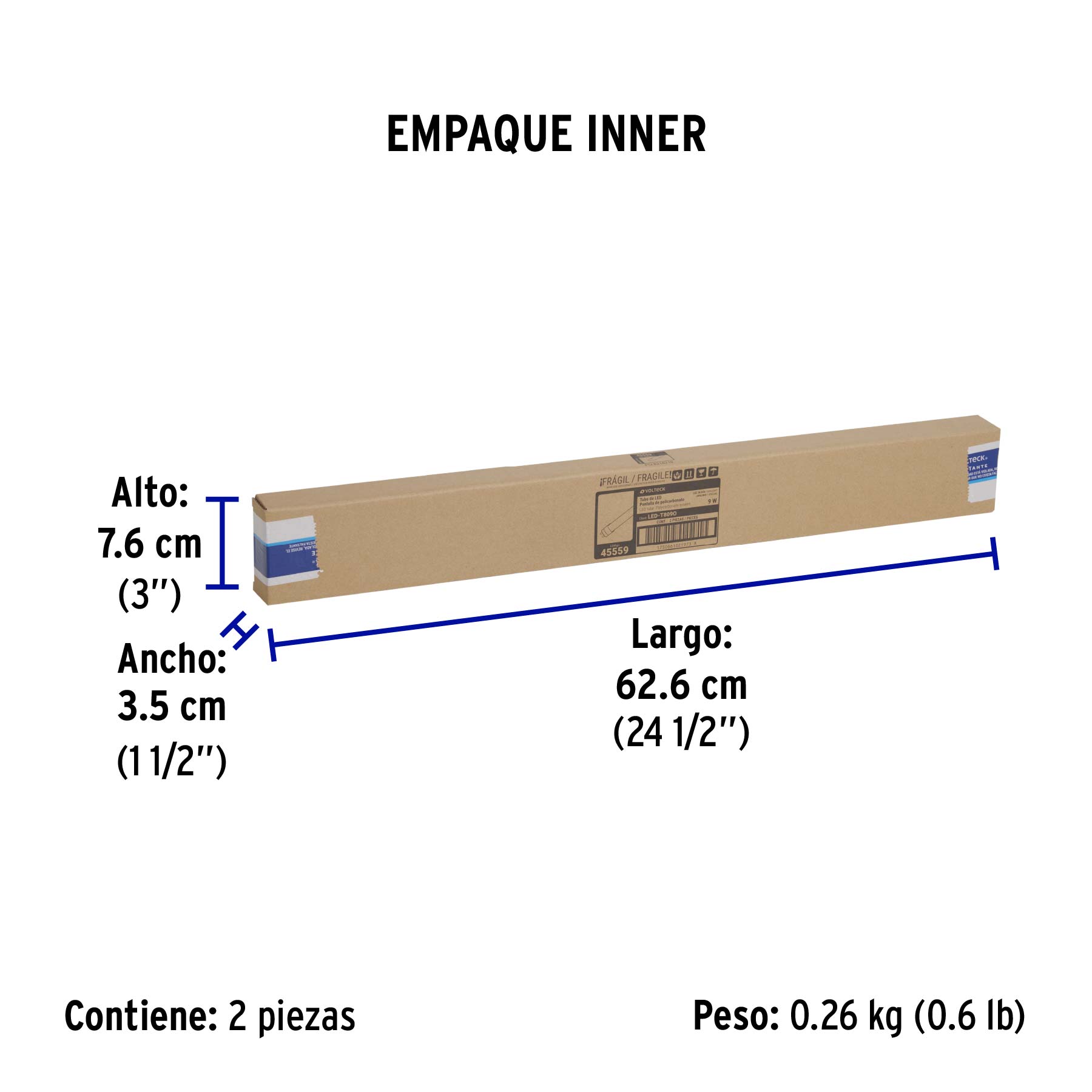 Tubo LED T8 9W G13, 6500K blanca fría, opalino, VOLTECK - Empaque