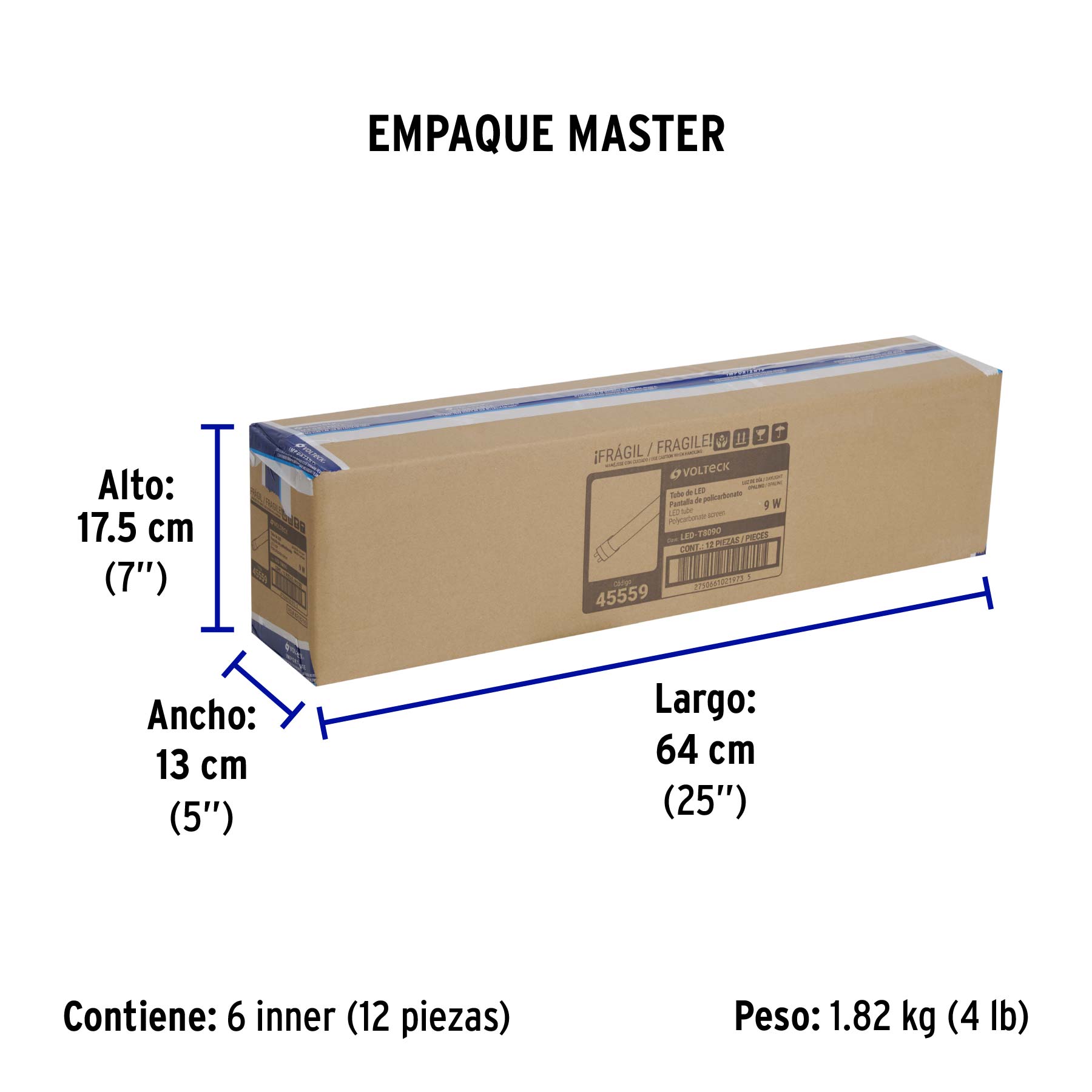 Tubo LED T8 9W G13, 6500K blanca fría, opalino, VOLTECK - Empaque