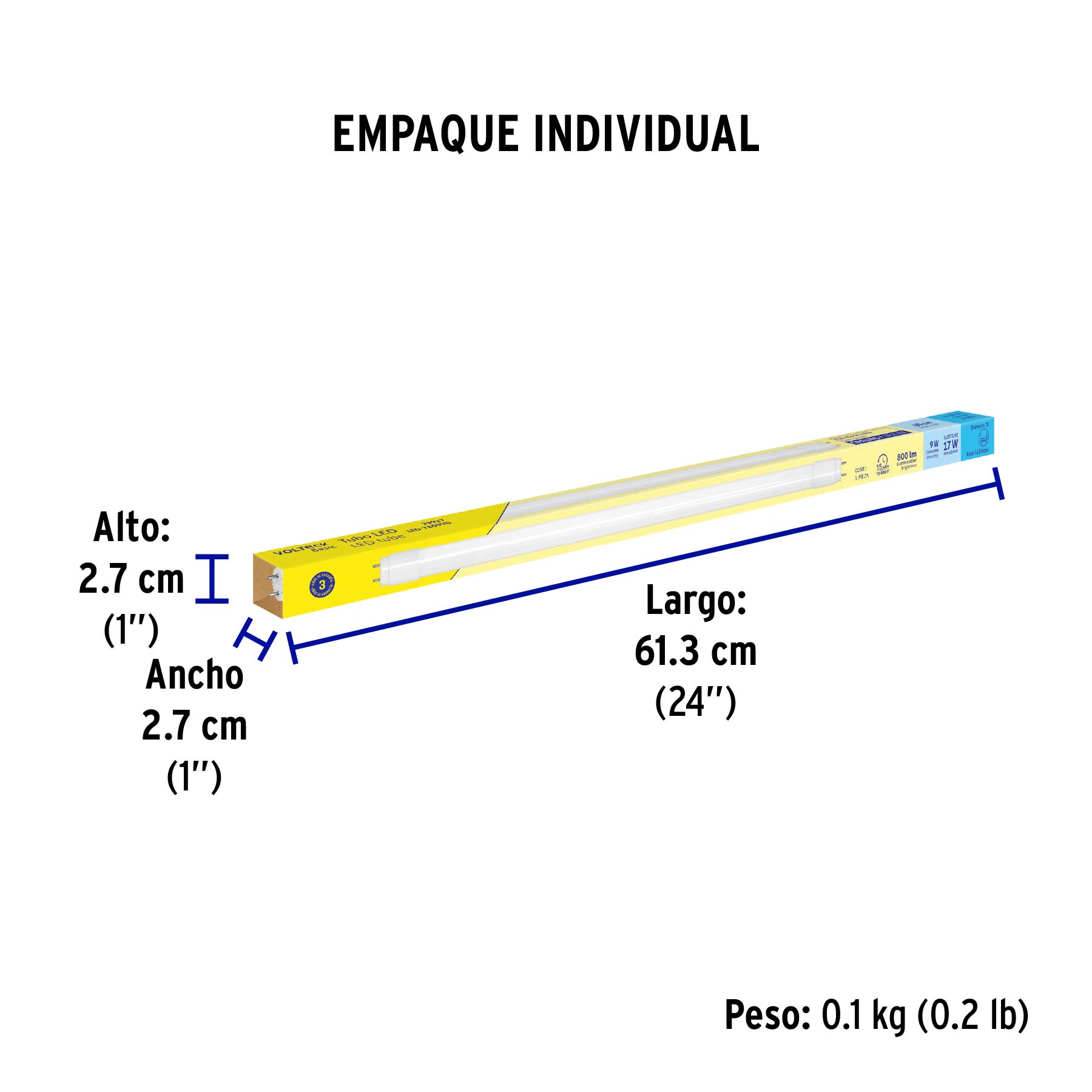 Tubo LED T8 9W G13, 6500K blanca fría, opalino, BASIC - Empaque