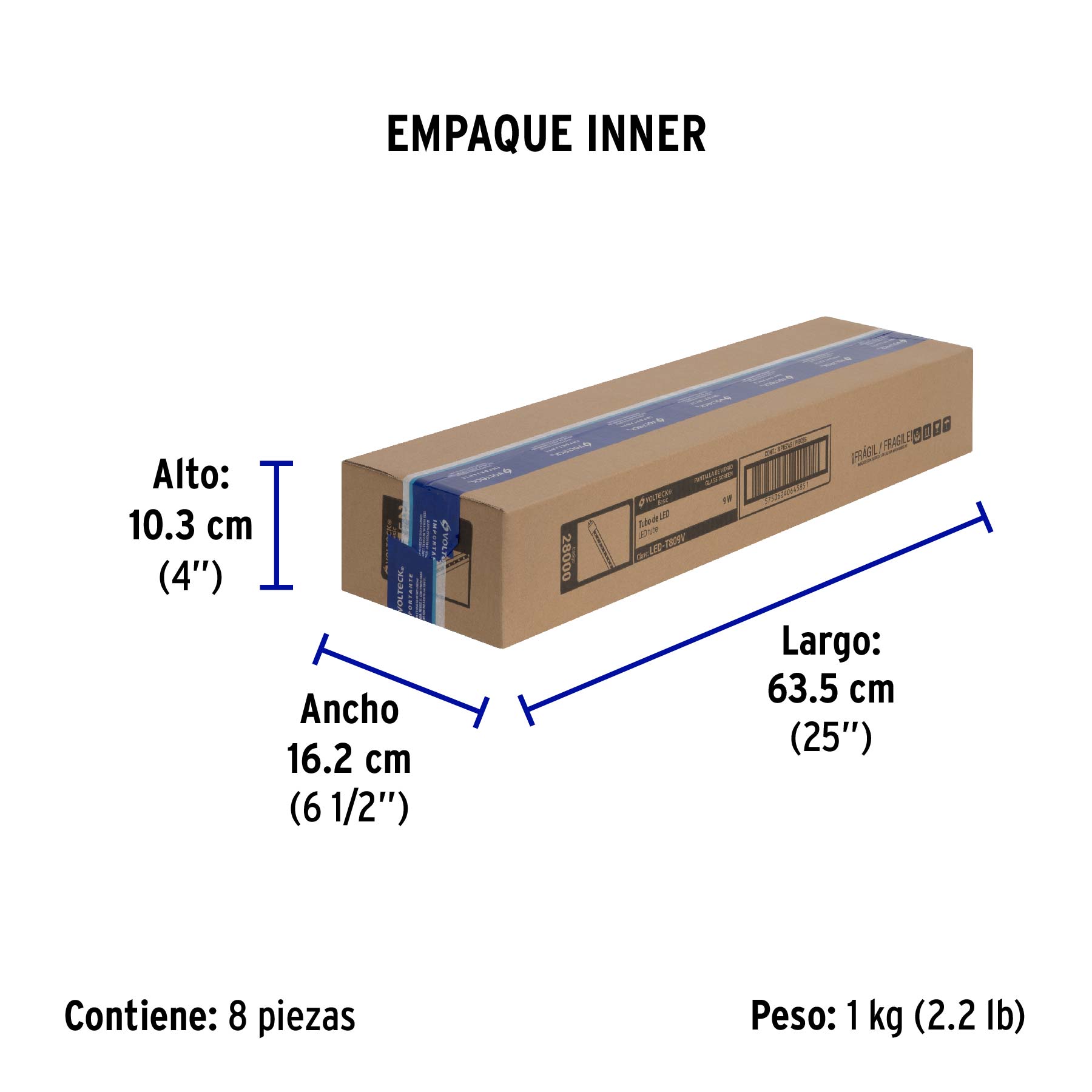 Tubo LED T8 9W G13, 6500K blanca fría, transparente, BASIC - Empaque