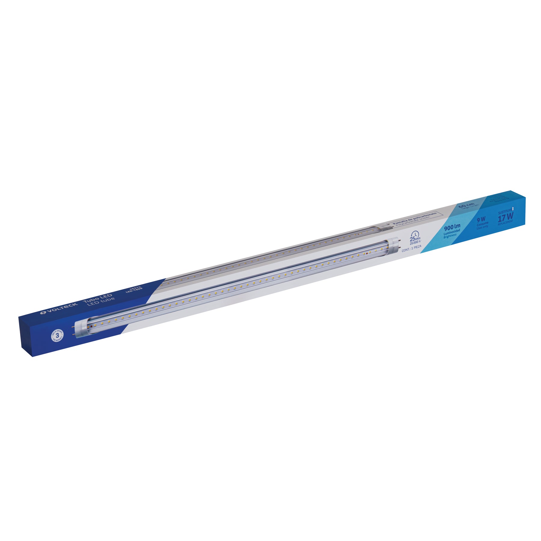 Tubo LED T8 9W G13, 6500K blanca fría, transparente, VOLTECK