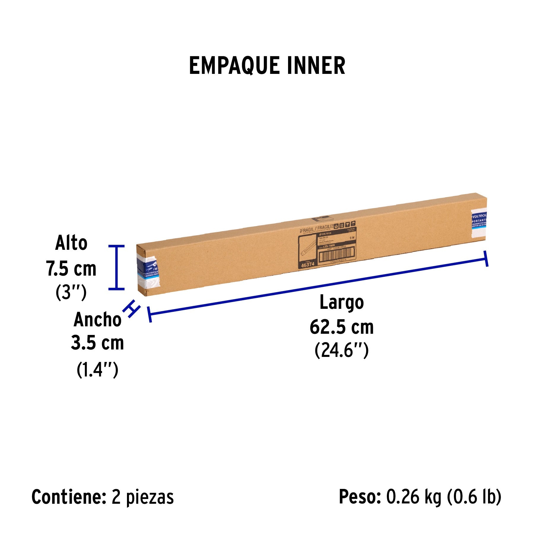 Tubo LED T8 9W G13, 6500K blanca fría, transparente, VOLTECK - Empaque
