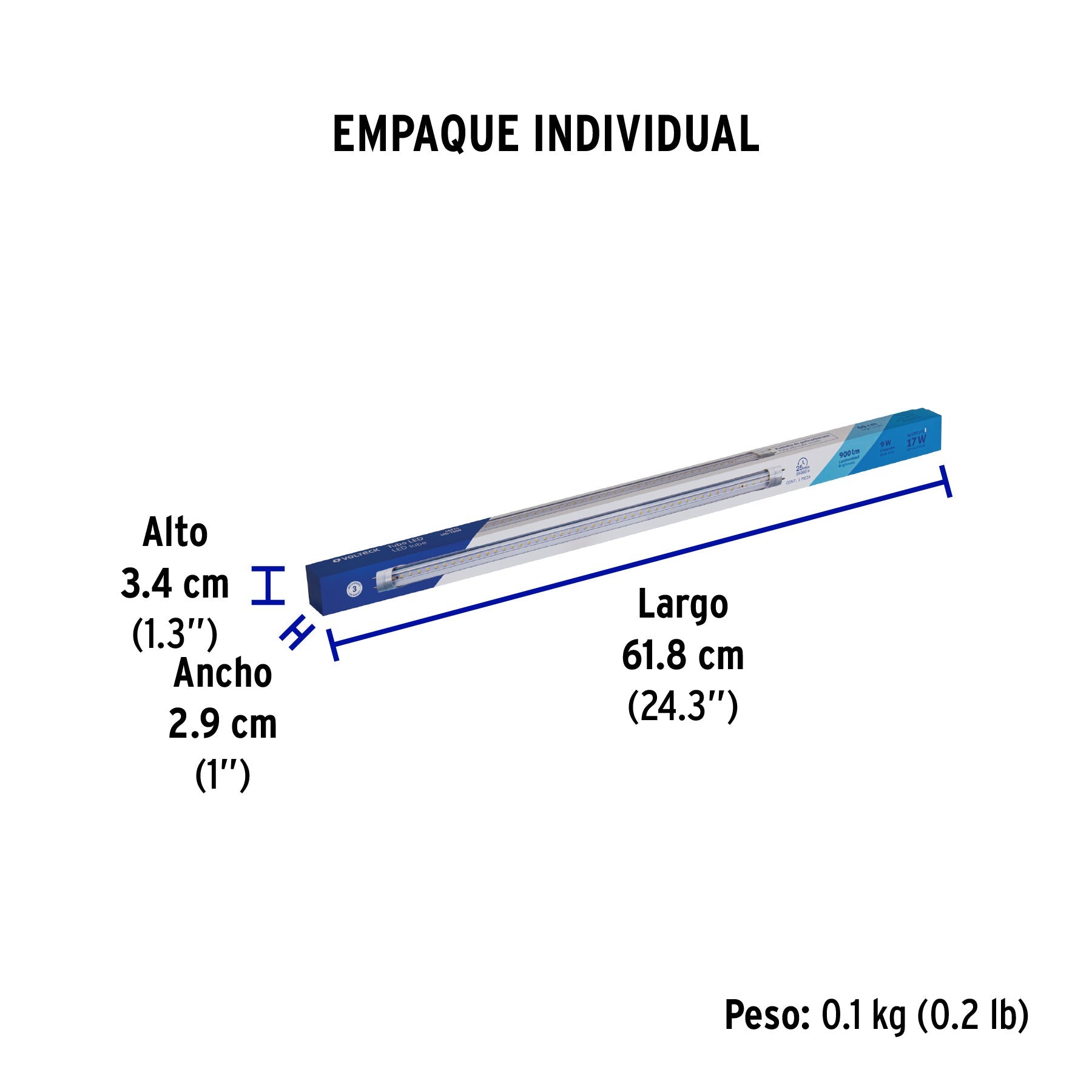 Tubo LED T8 9W G13, 6500K blanca fría, transparente, VOLTECK - Empaque