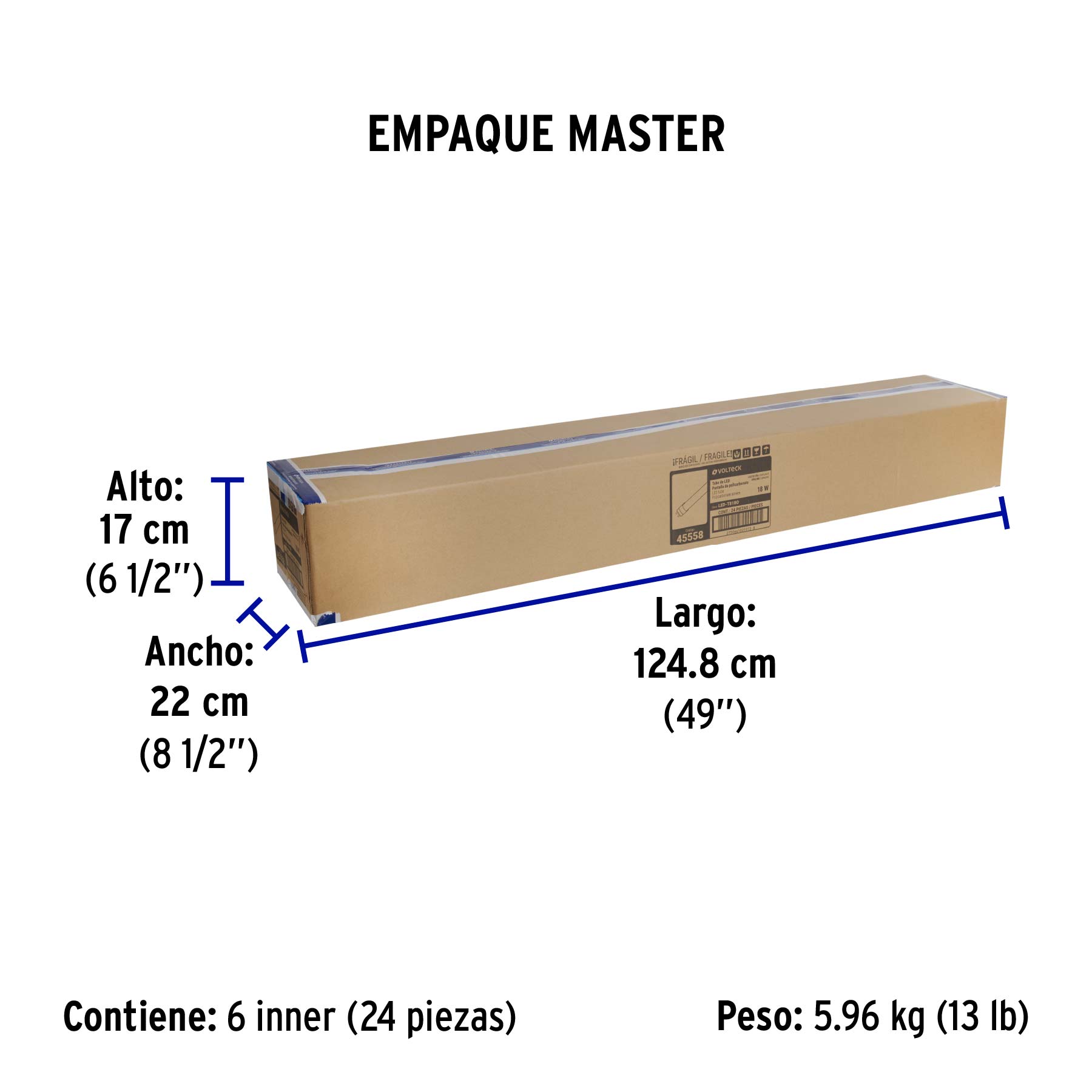 Tubo LED T8 18W G13, 6500K blanca fría, opalino, VOLTECK - Empaque