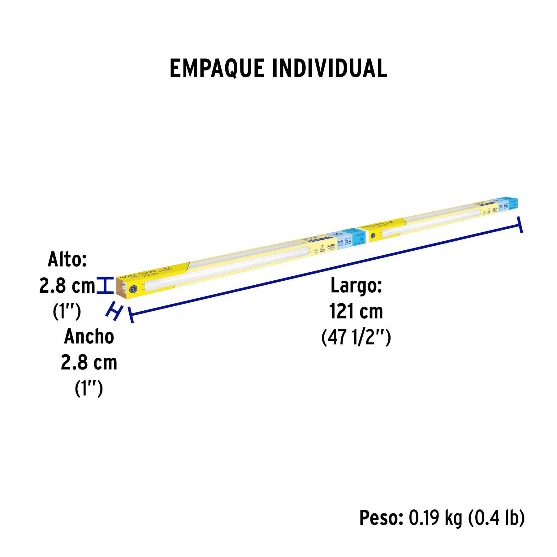 Tubo LED T8 18W G13, 6500K blanca fría, opalino, BASIC - Empaque