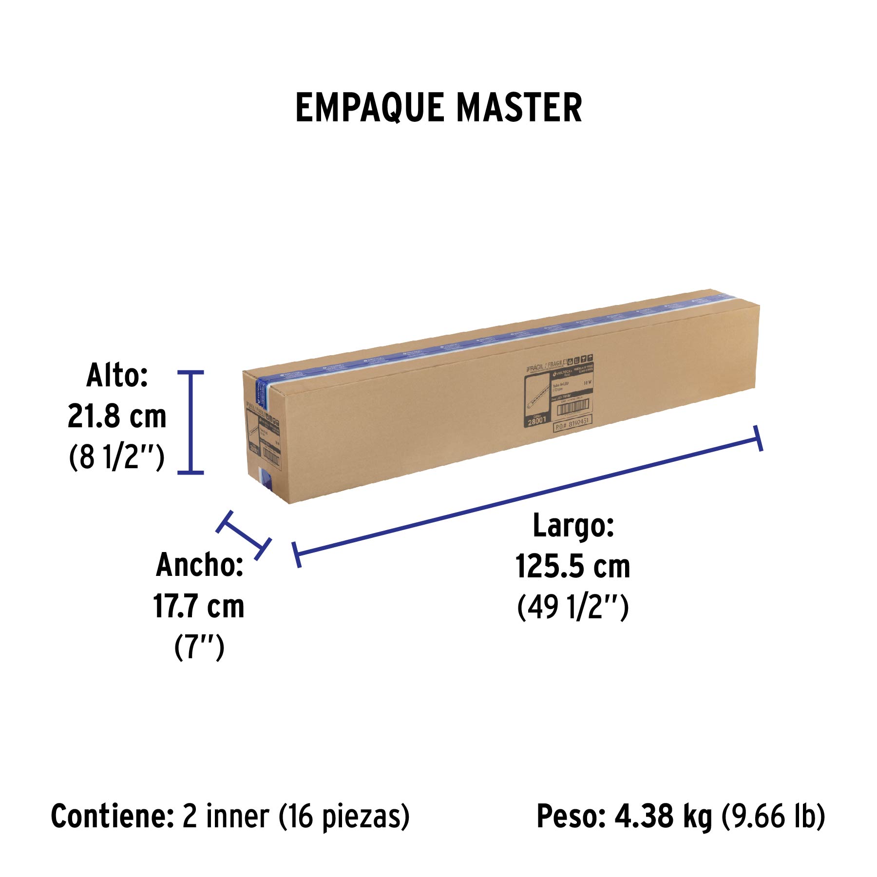 Tubo LED T8 18W G13, 6500K blanca fría, transparente, BASIC - Empaque