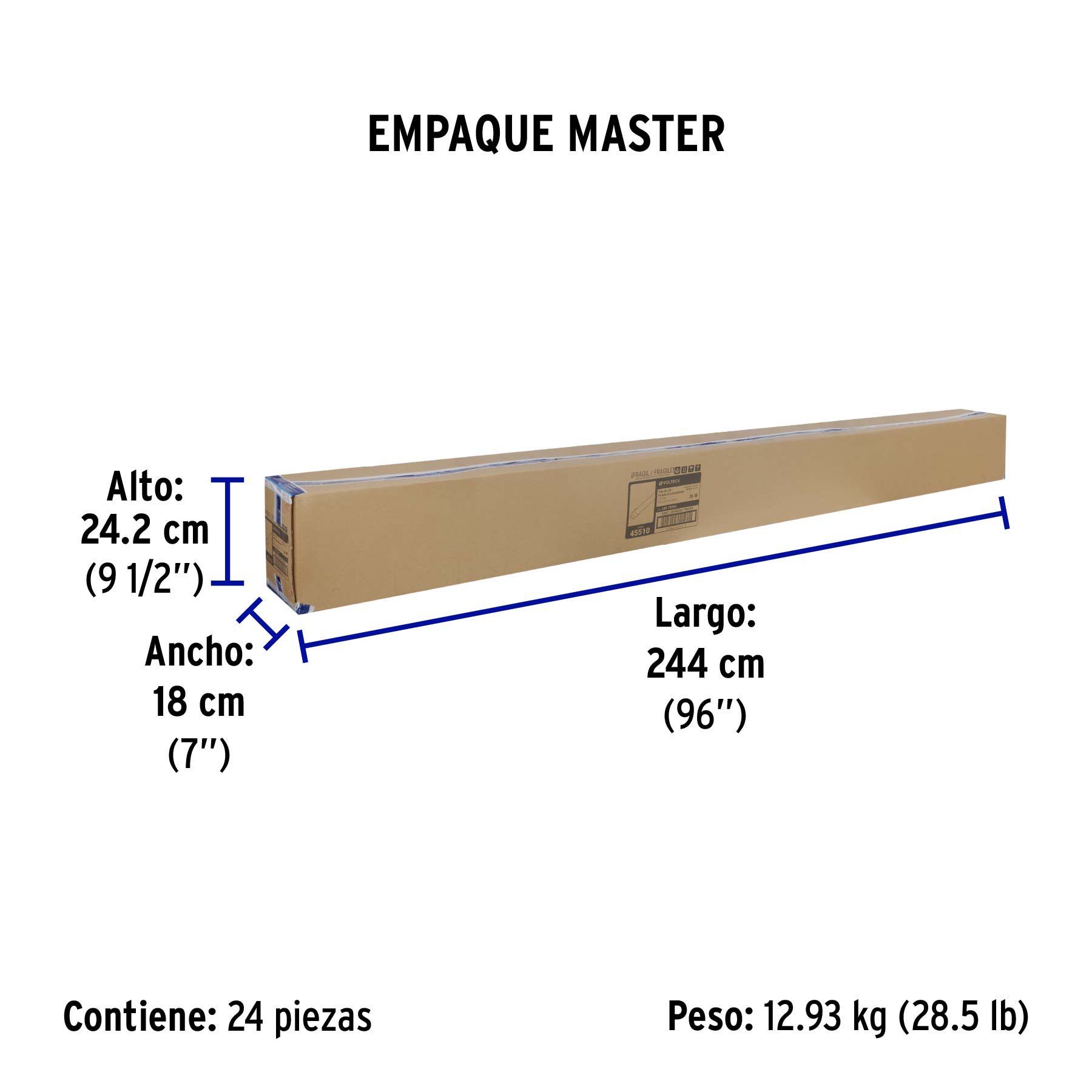 Tubo LED T8 36W G13, 6500K blanca fría, opalino, VOLTECK - Empaque