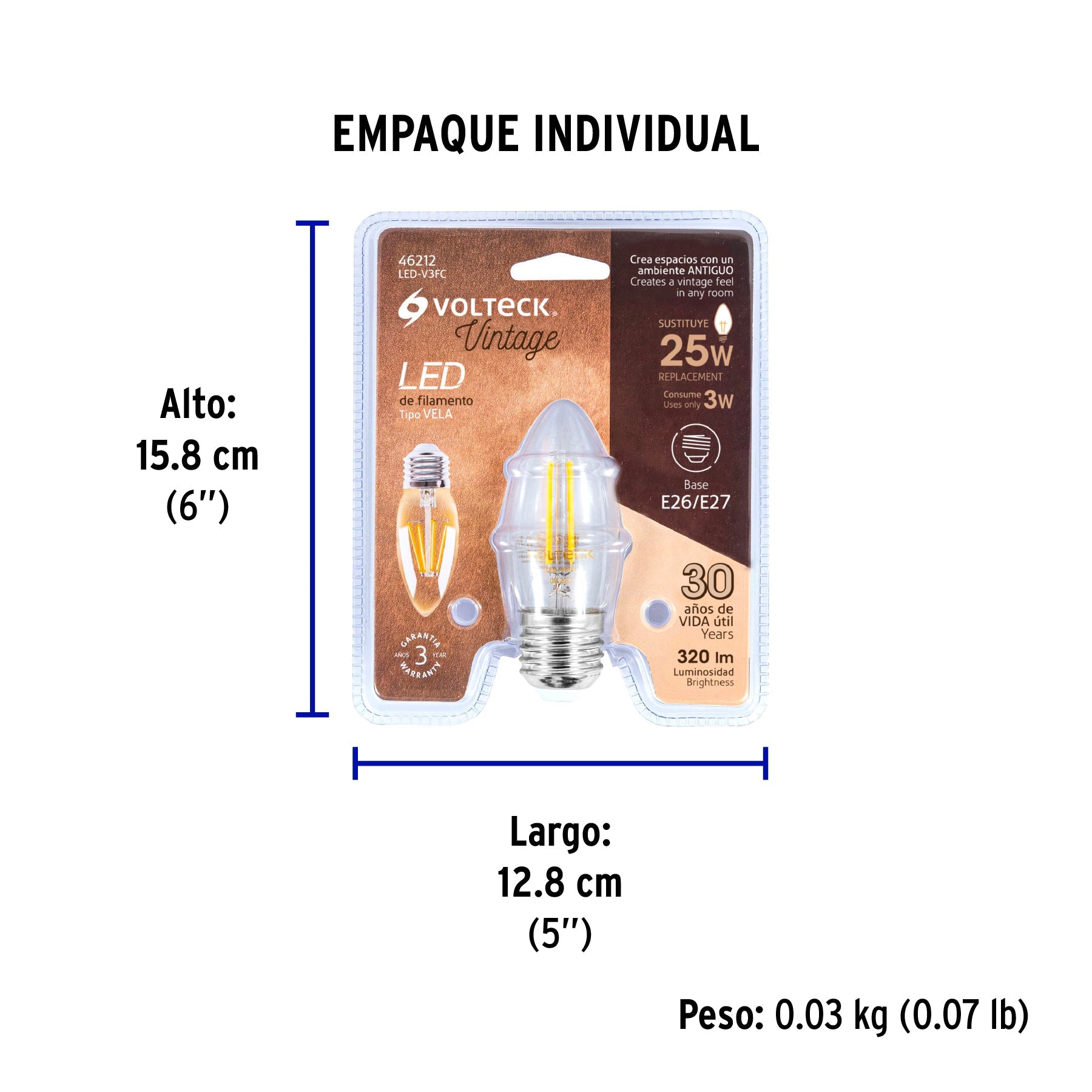 Foco LED filamento 3 W, vela, 2700K luz ambar, E26, VOLTECK - Empaque