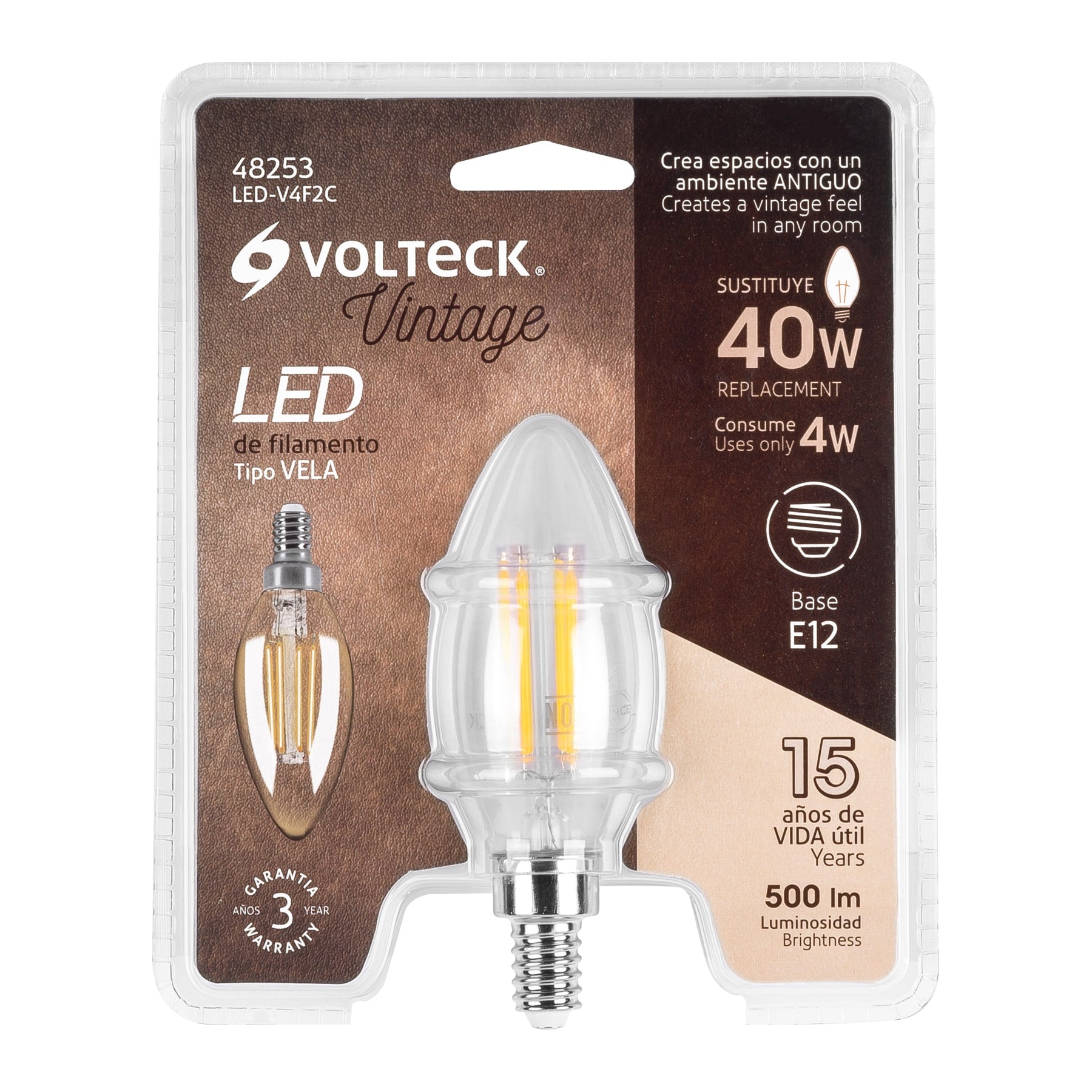Foco LED filamento 4 W, vela, 2700K luz ambar, E12, VOLTECK