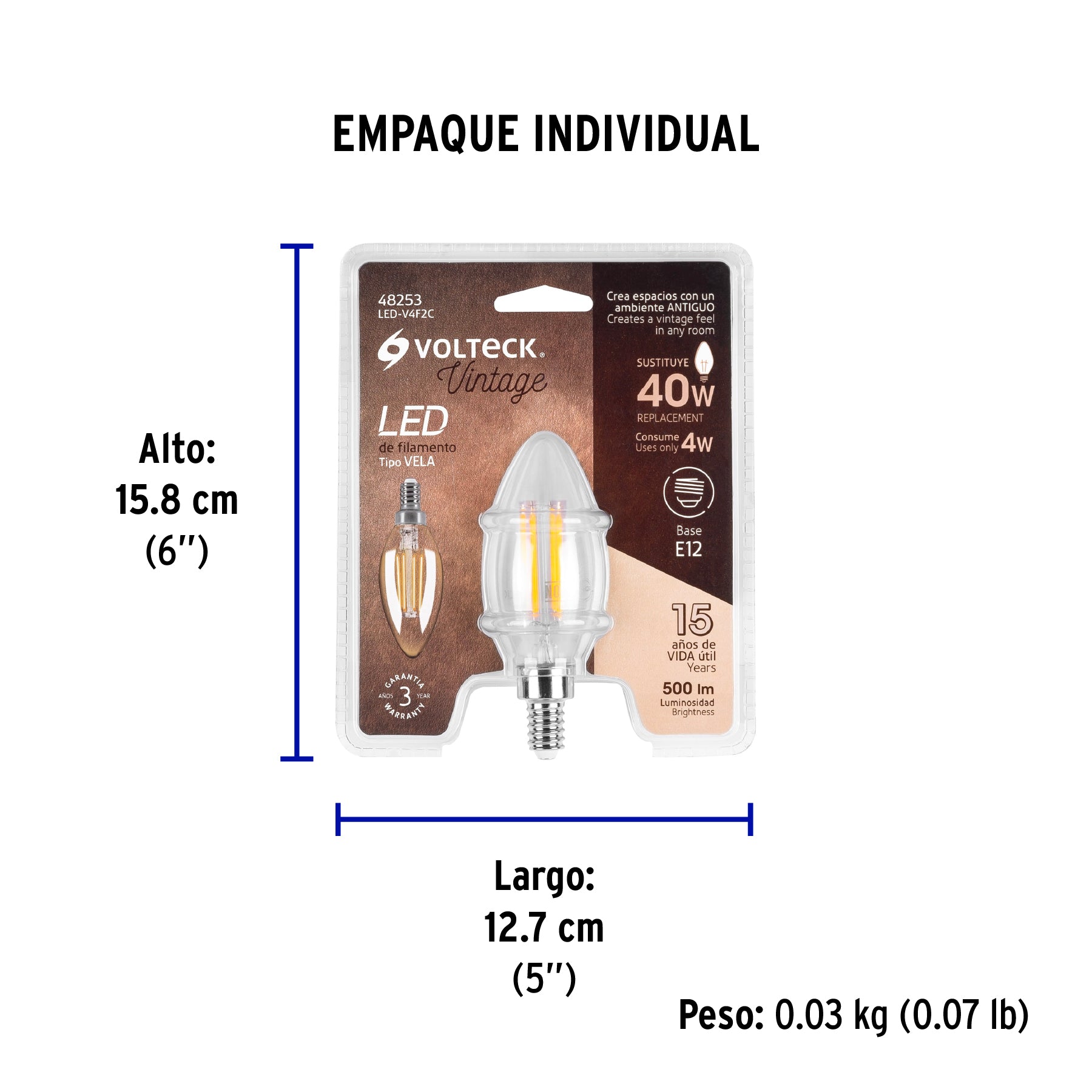 Foco LED filamento 4 W, vela, 2700K luz ambar, E12, VOLTECK - Empaque