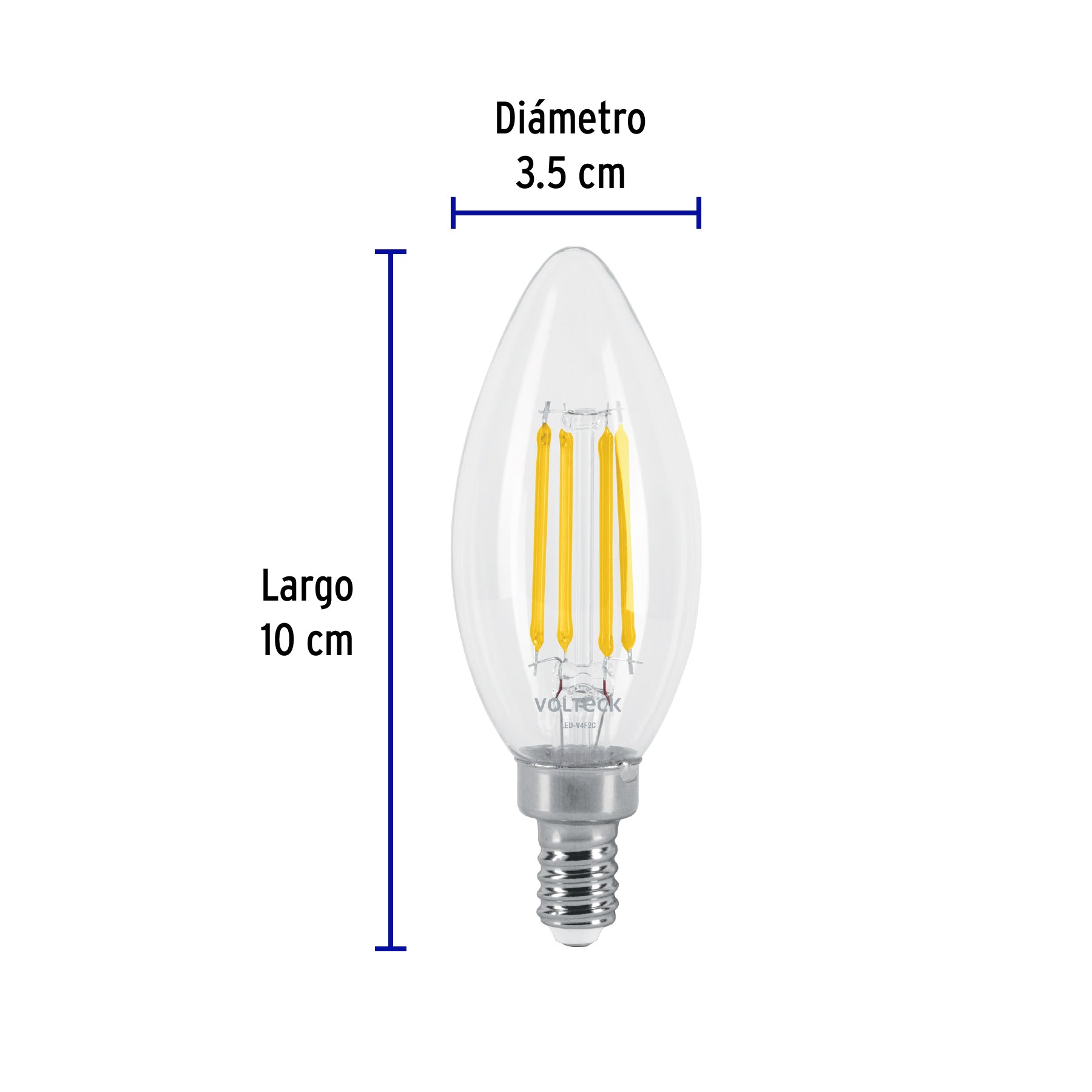 Foco LED filamento 4 W, vela, 2700K luz ambar, E12, VOLTECK