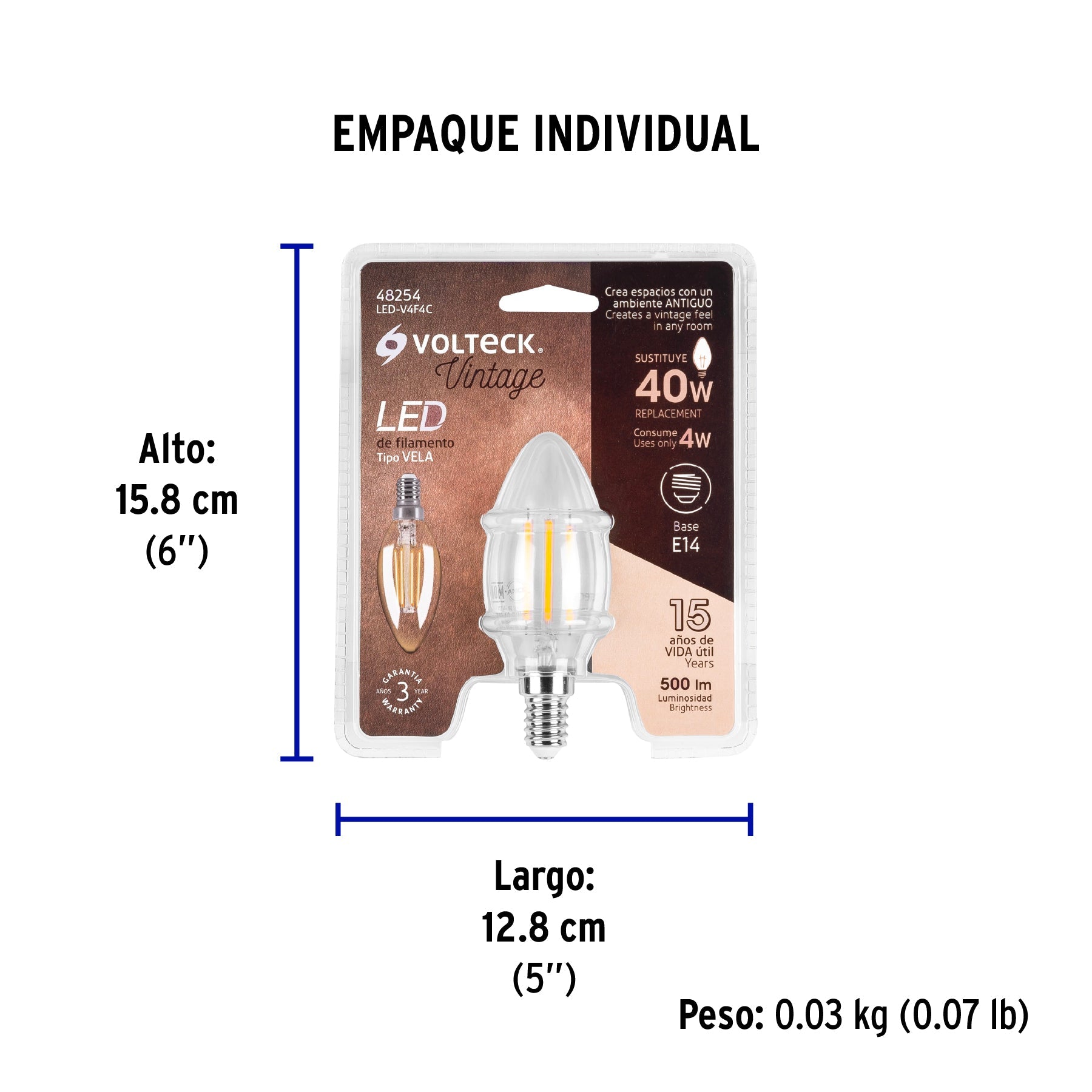 Foco LED filamento 4 W, vela, 2700K luz ambar, E14, VOLTECK - Empaque