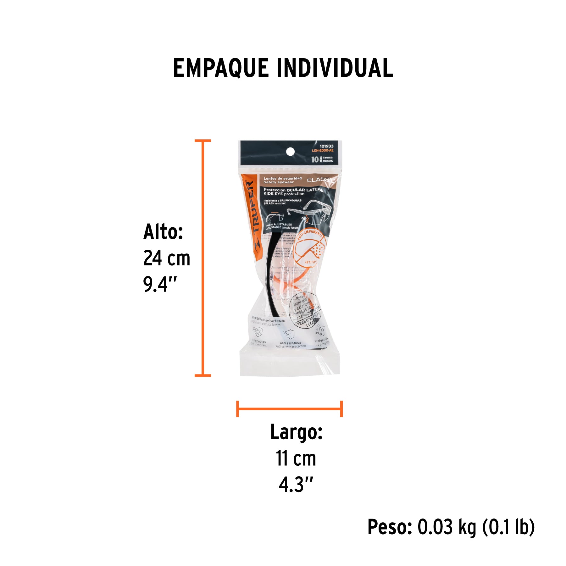 Lentes de seguridad ajustables claros c/antiempaño, Classic - Empaque
