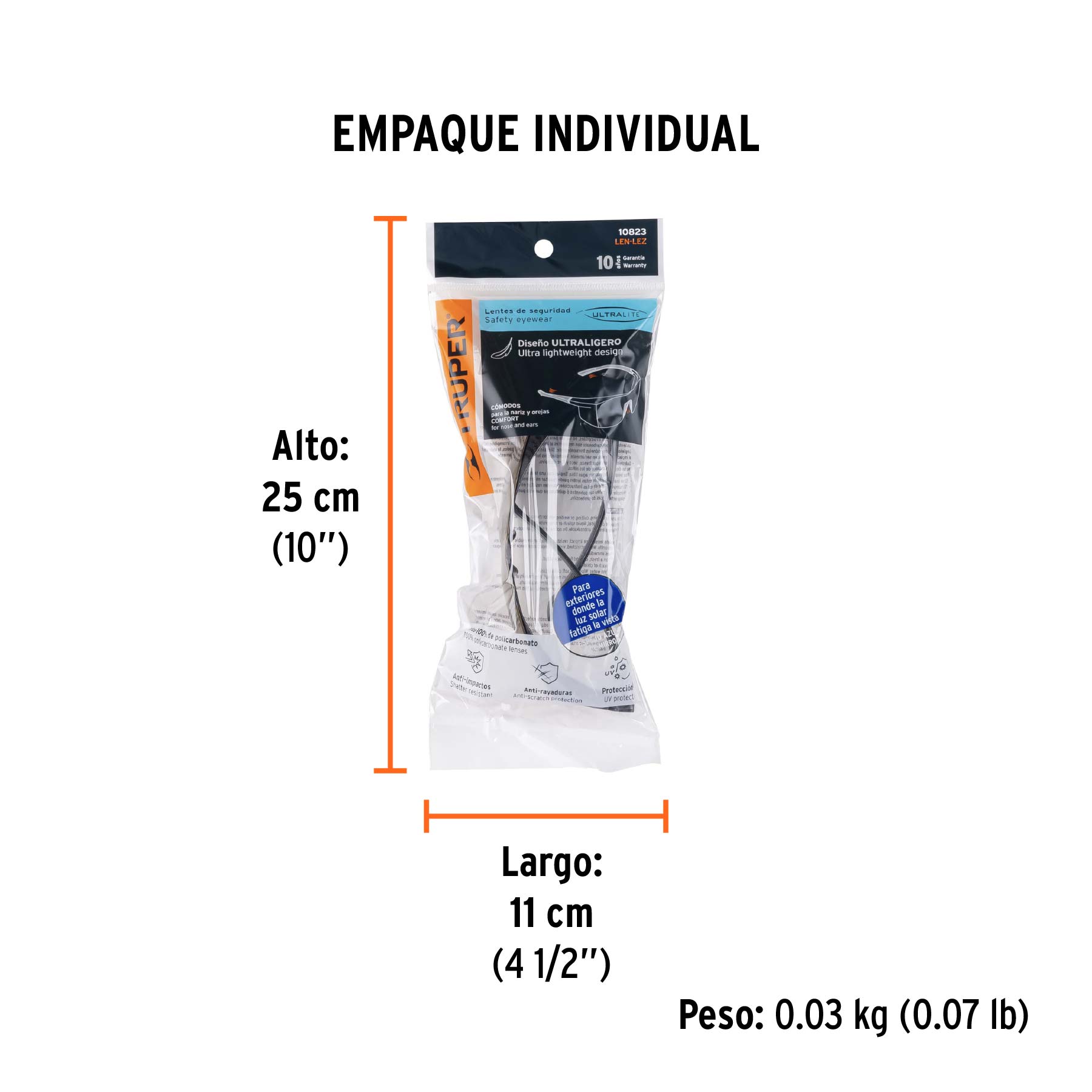 Lentes de seguridad espejo azul, TRUPER Ultralite - Empaque
