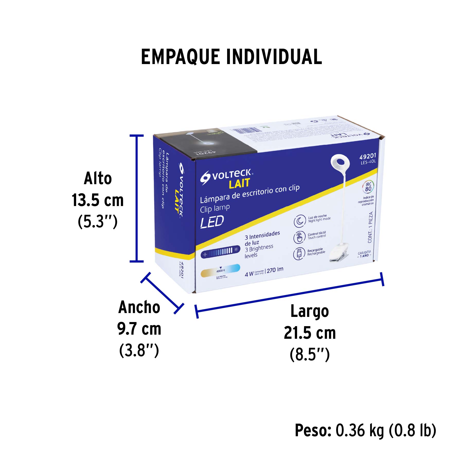 Lámpara escritorio LED 4 W recargable c/clip, 3 intensidades - Empaque