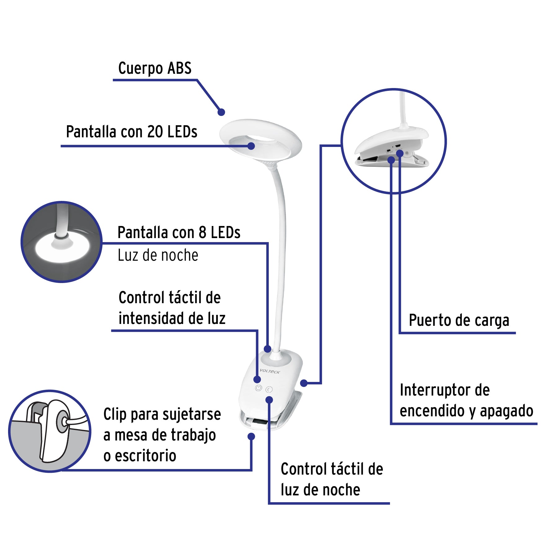 Lámpara escritorio LED 4 W recargable c/clip, 3 intensidades
