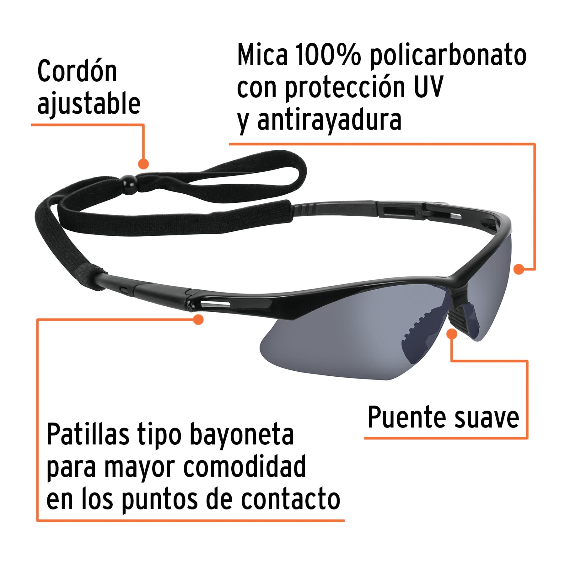 Lentes seguridad espejo plata c/cordón ajustable, Sport