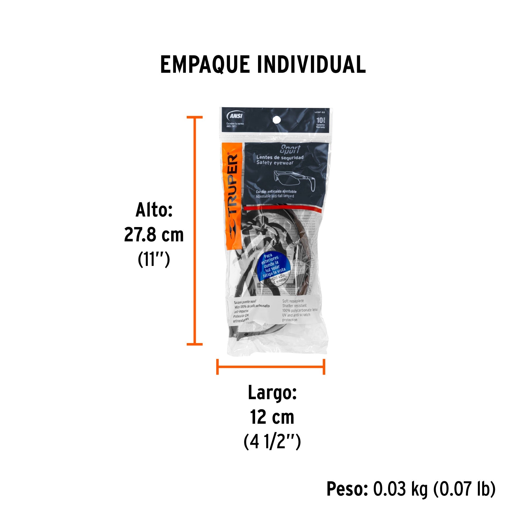 Lentes seguridad espejo azul c/cordón ajustable, Sport - Empaque