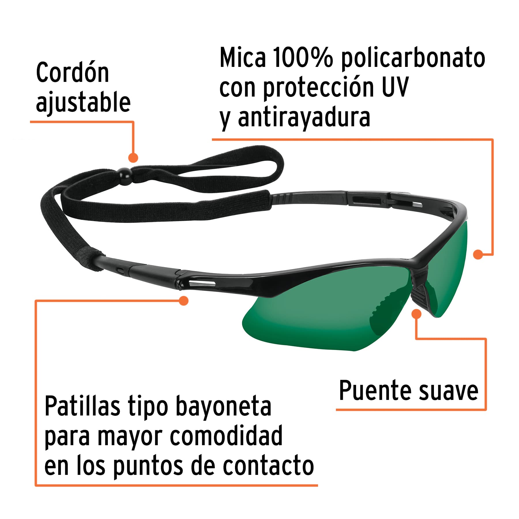 Lentes seguridad verde antiempaño c/cordón ajustable, Sport