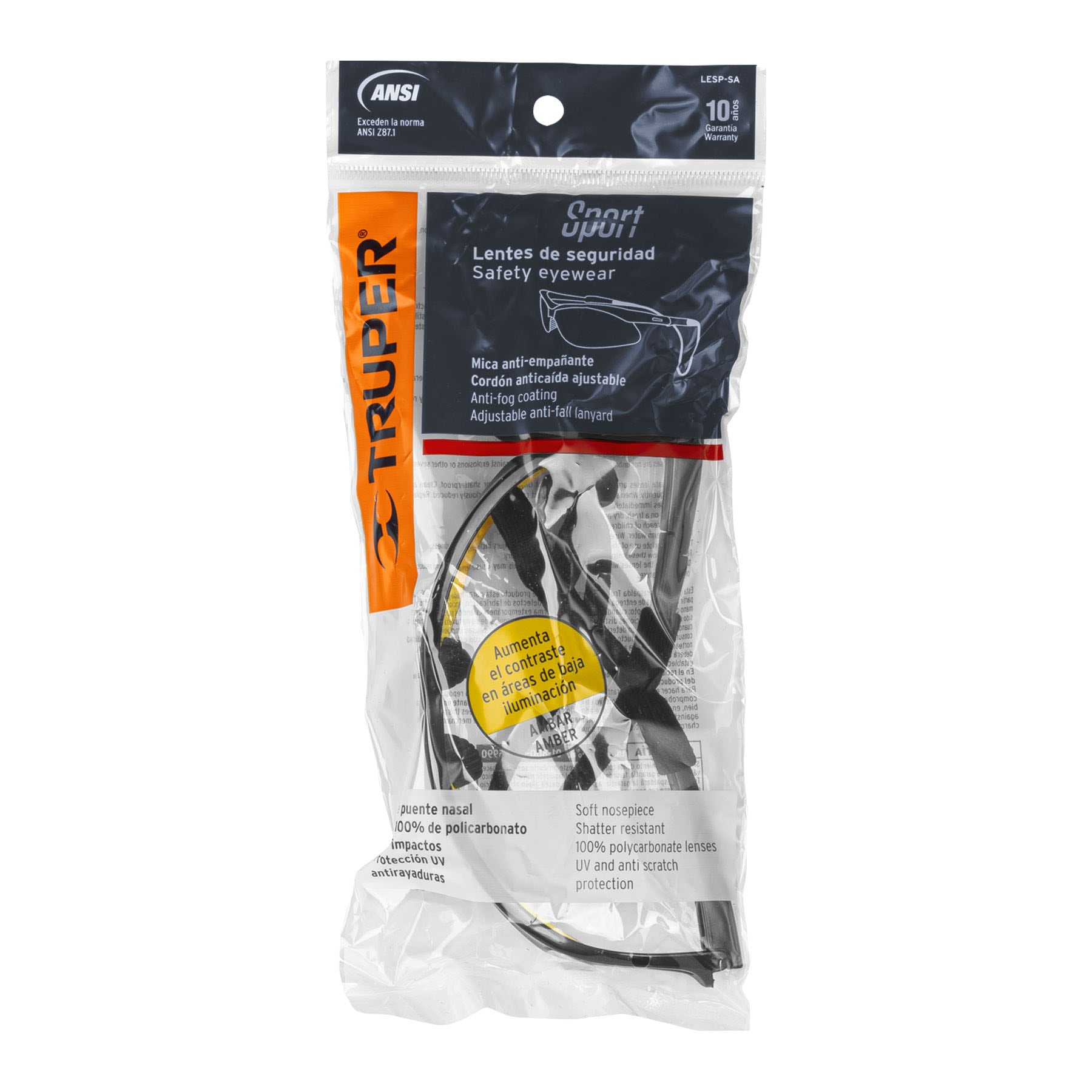 Lentes seguridad ámbar antiempaño c/cordón ajustable, Sport