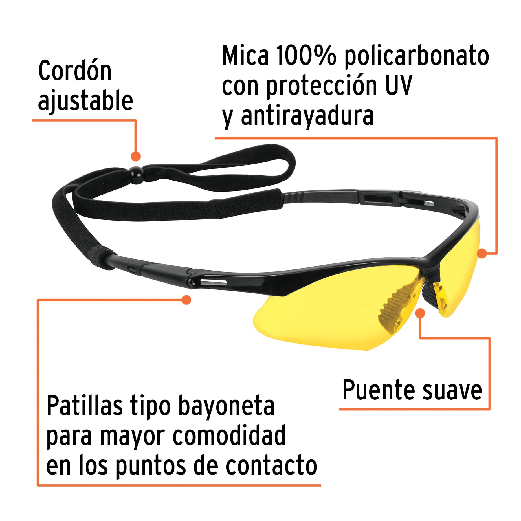 Lentes seguridad ámbar antiempaño c/cordón ajustable, Sport