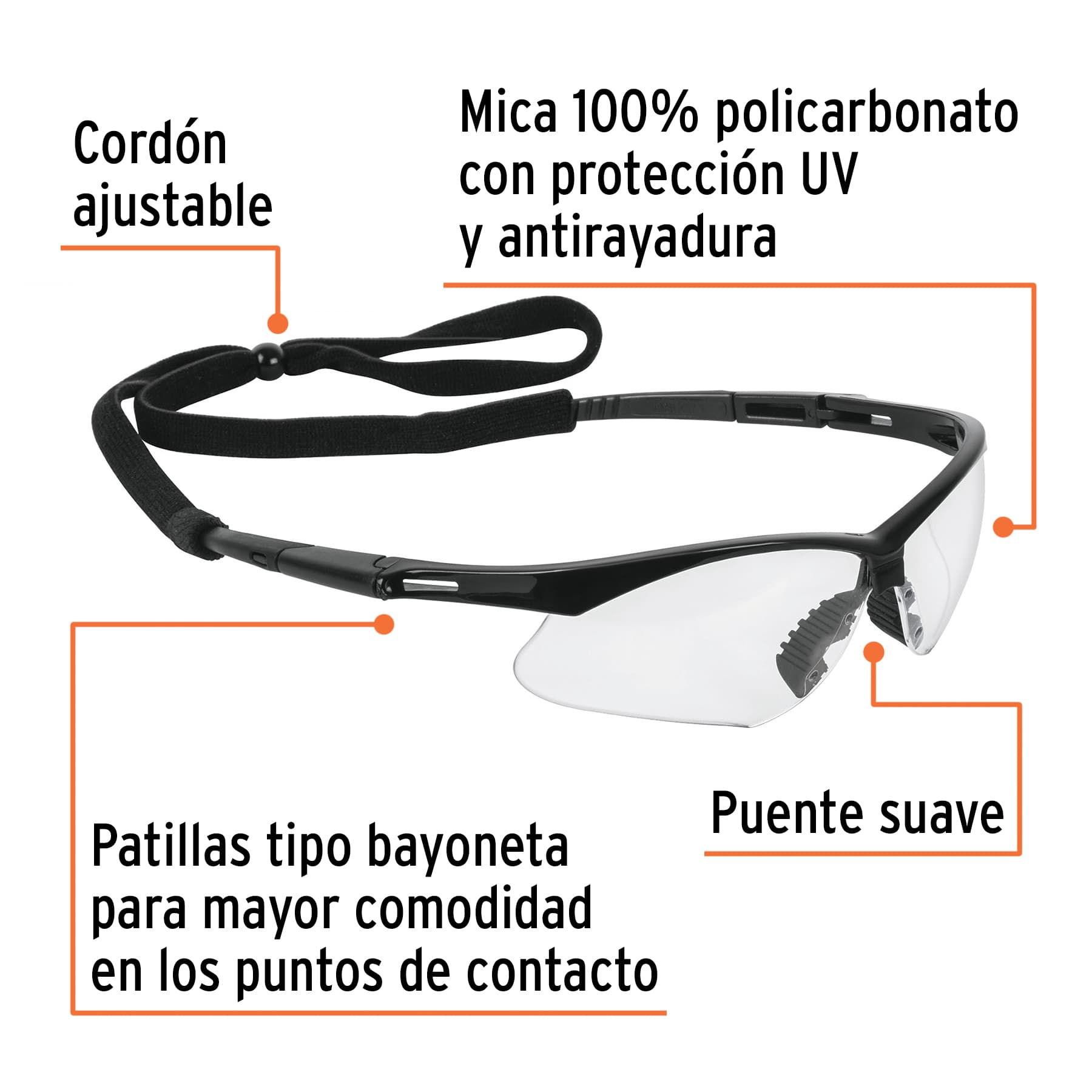 Lentes seguridad claros antiempaño c/cordón ajustable, Sport