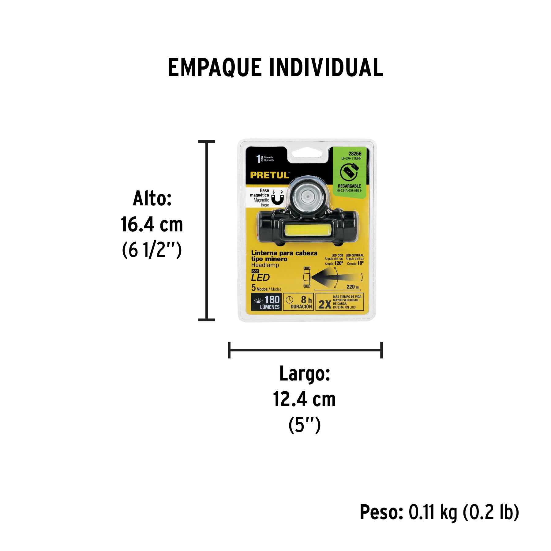 Linterna de minero LED 180 lm, con imán, recargable, PRETUL - Empaque