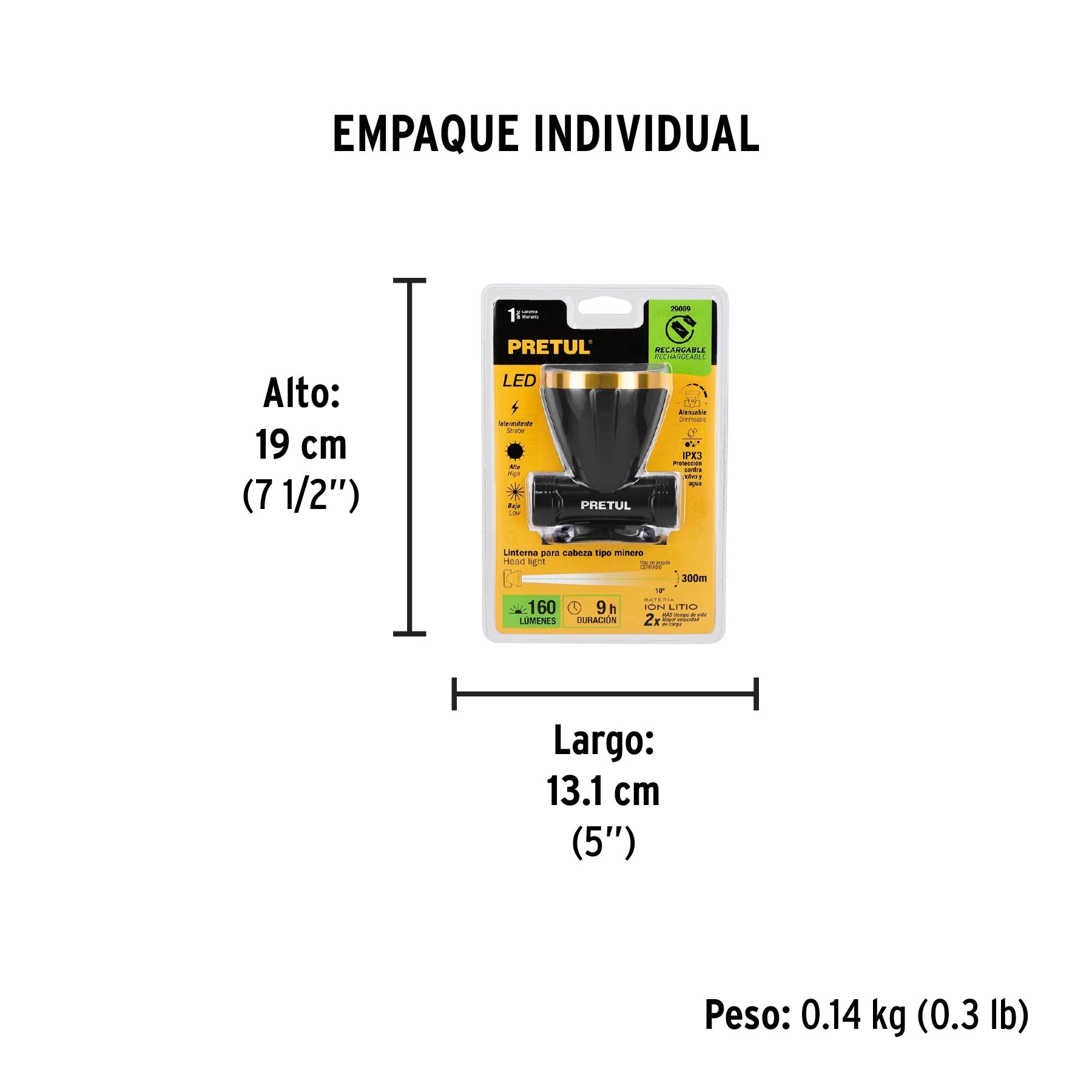 Linterna de minero LED 160 lm recargable, PRETUL - Empaque