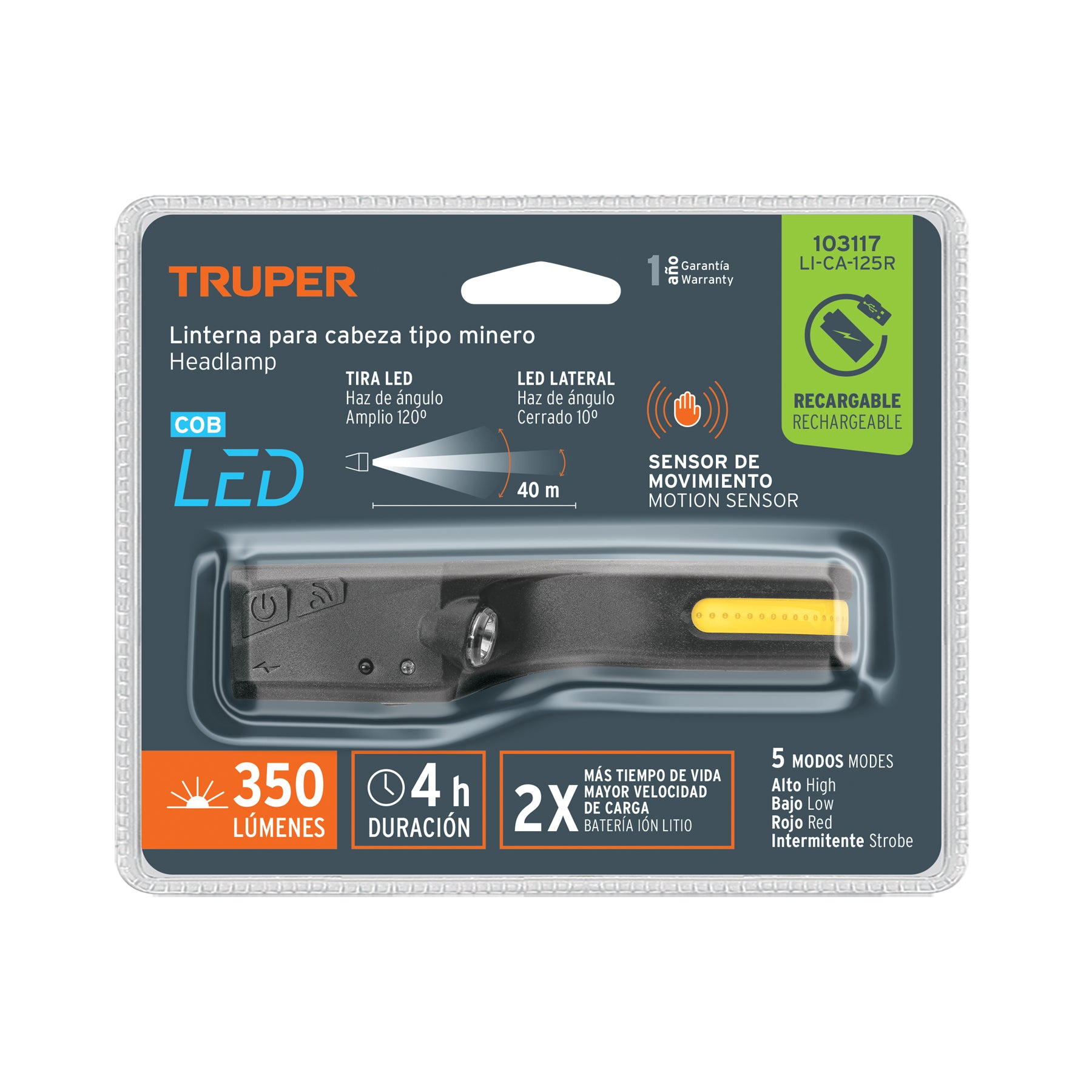 Linterna de minero LED 350 lm con sensor, recargable, TRUPER