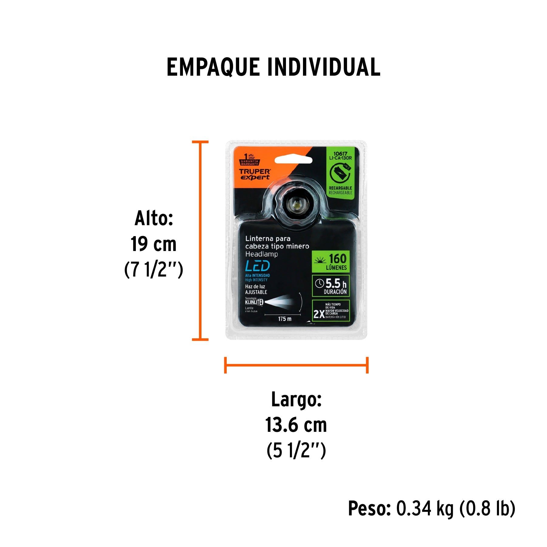 Linterna de minero LED 160 lm, recargable, TRUPER EXPERT - Empaque