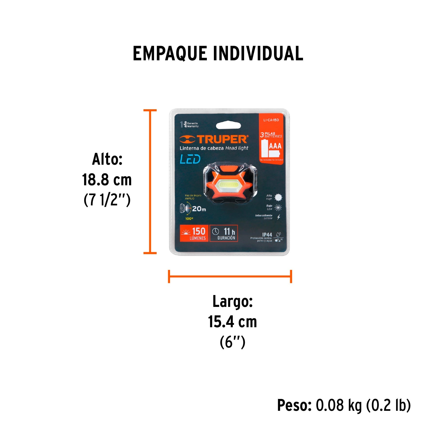 Linterna de minero LED 150 lm, de 3 pilas AAA, TRUPER - Empaque