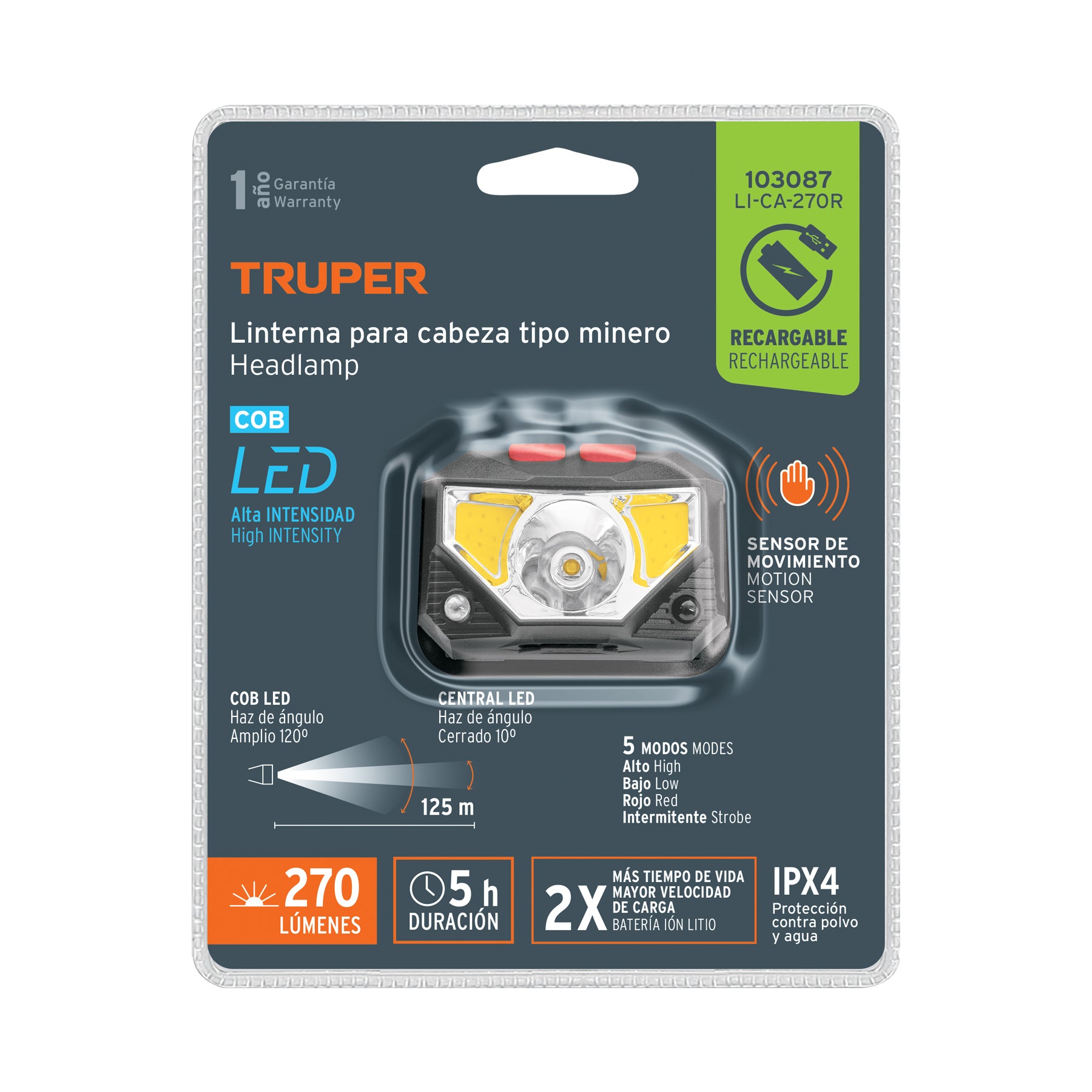 Linterna de minero LED 270 lm con sensor recargable, TRUPER
