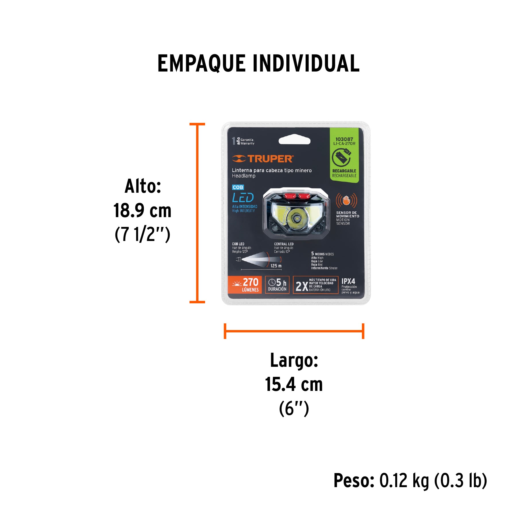 Linterna de minero LED 270 lm con sensor recargable, TRUPER - Empaque