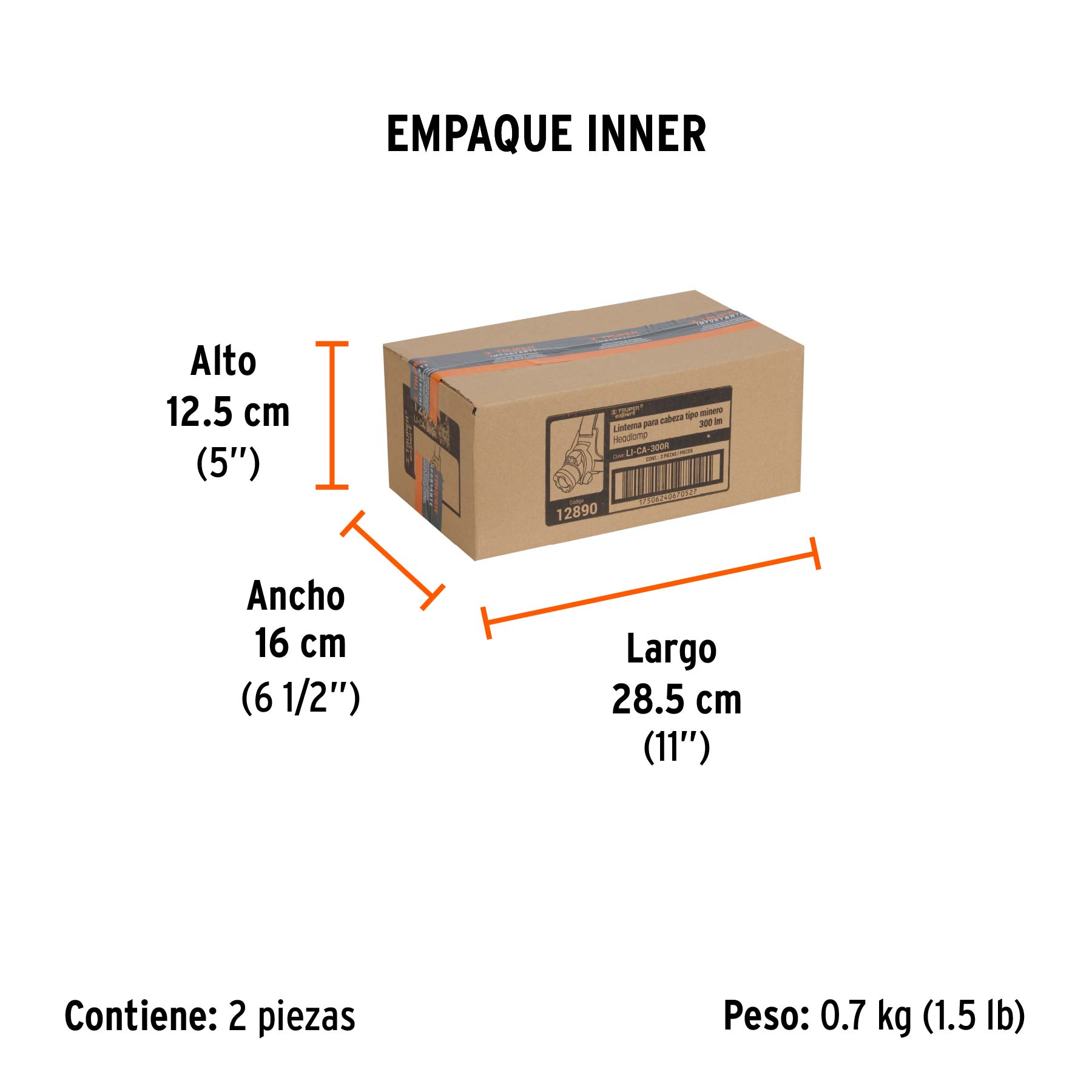 Linterna de minero LED 300 lm, recargable, TRUPER EXPERT - Empaque
